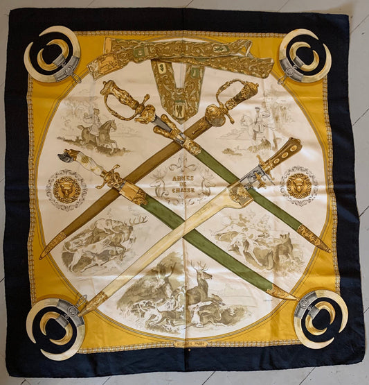 Vintage Hermes Scarf &#39;Armes de Chasse &#39; Phillip Ledoux 1970 Silk Scarf 90cm x 90cm - Navy Gold and Green Colourway