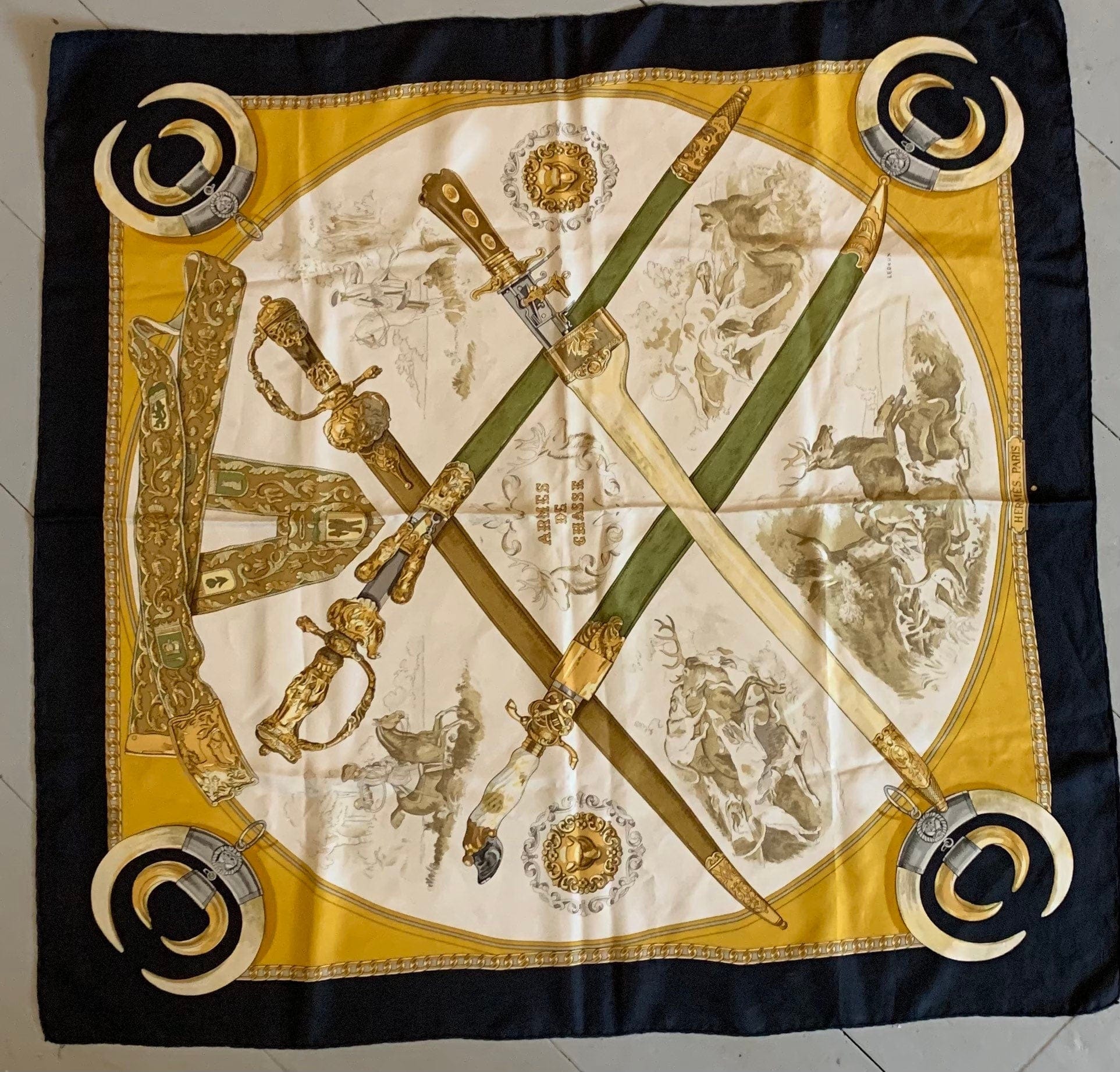 Vintage Hermes Scarf &#39;Armes de Chasse &#39; Phillip Ledoux 1970 Silk Scarf 90cm x 90cm - Navy Gold and Green Colourway