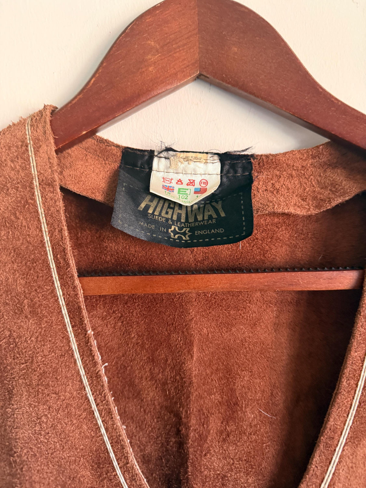 Vintage Highway Brown Suede Waistcoat, Made in England, Button Front Vest with Contrast Stitching and Back Half Belt