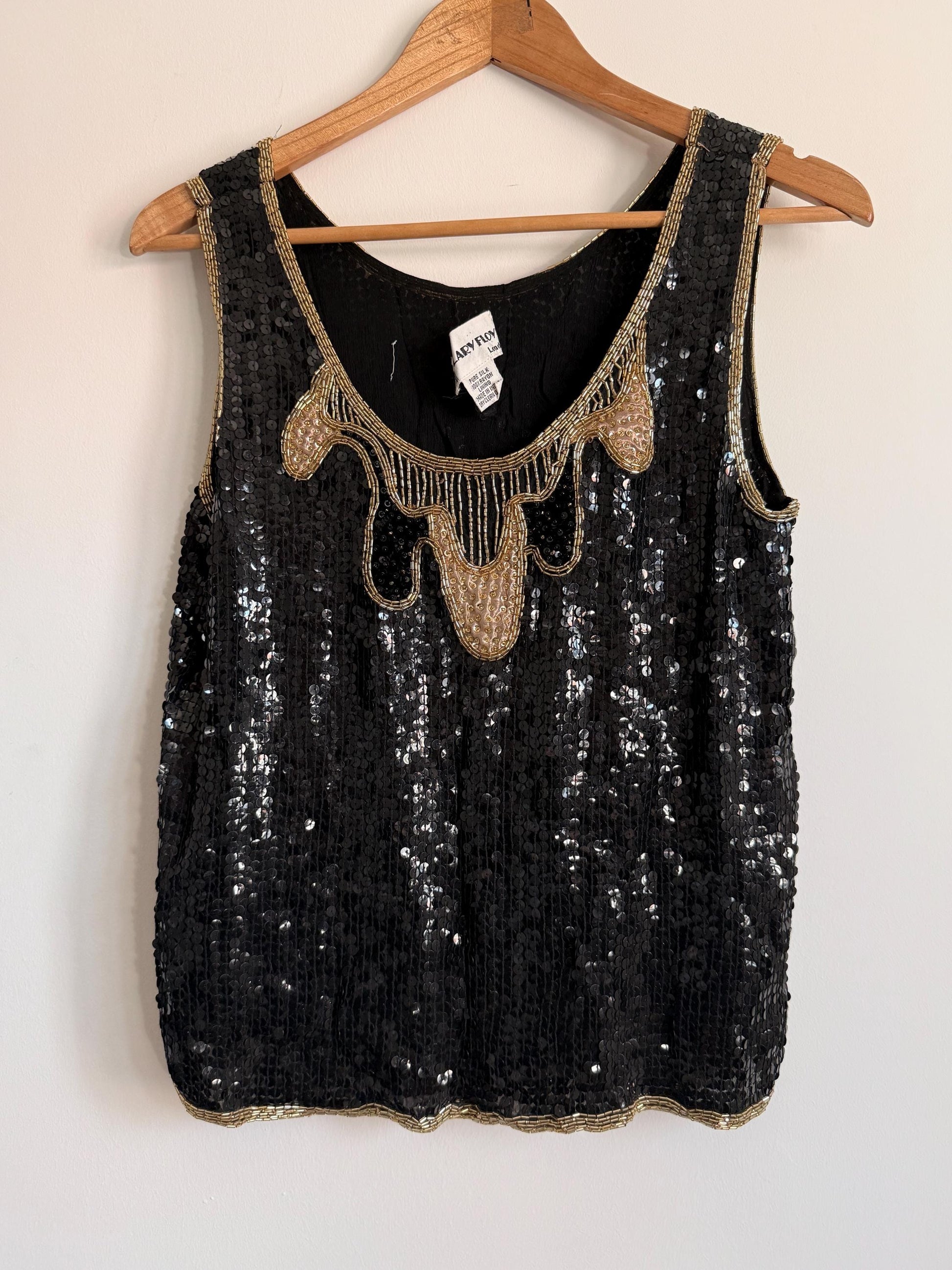Vintage Hilary Floyd Black Sequin Top | Gold Beaded Party Top | 1980s Evening Blouse | Art Deco Sequin Vest | Cocktail Top