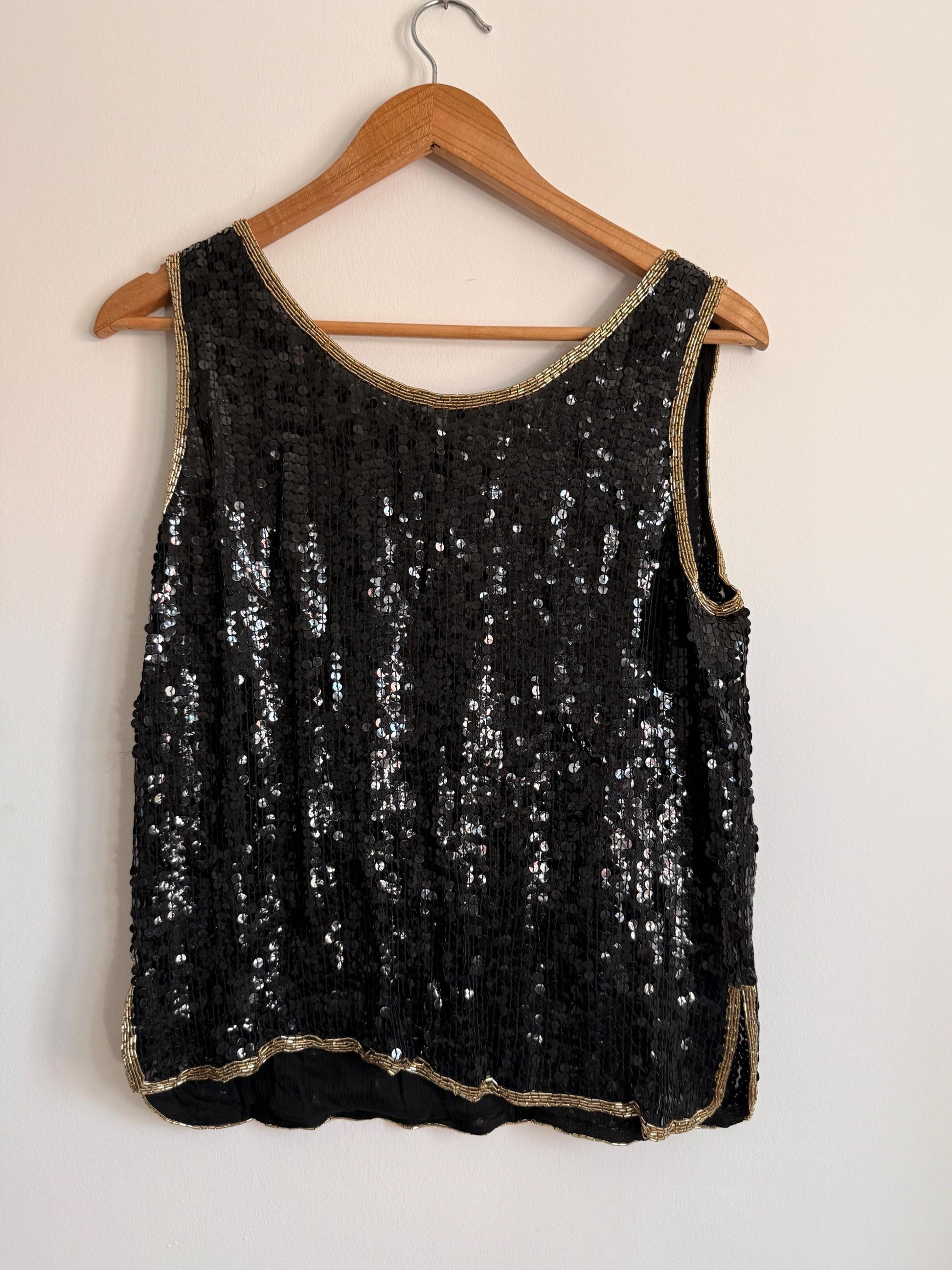 Vintage Hilary Floyd Black Sequin Top | Gold Beaded Party Top | 1980s Evening Blouse | Art Deco Sequin Vest | Cocktail Top