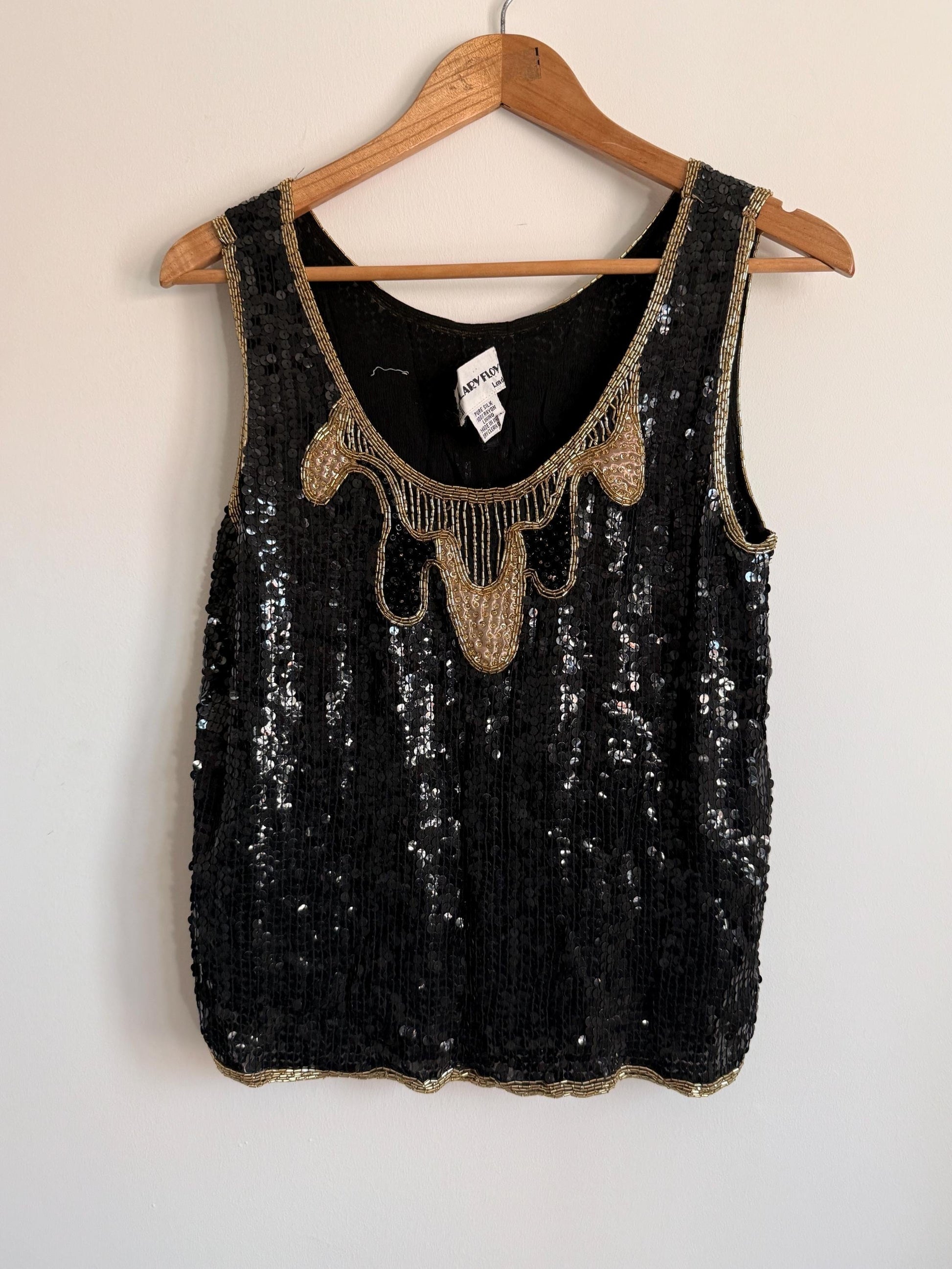 Vintage Hilary Floyd Black Sequin Top | Gold Beaded Party Top | 1980s Evening Blouse | Art Deco Sequin Vest | Cocktail Top