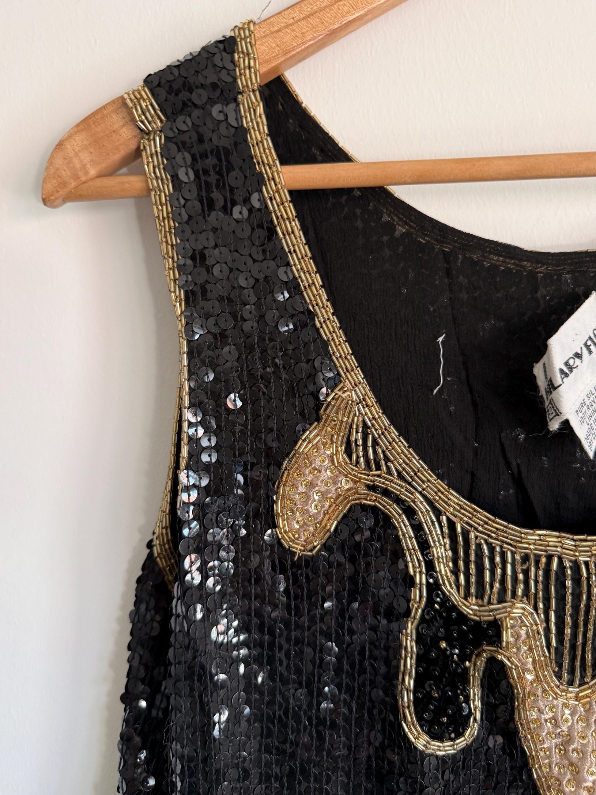Vintage Hilary Floyd Black Sequin Top | Gold Beaded Party Top | 1980s Evening Blouse | Art Deco Sequin Vest | Cocktail Top