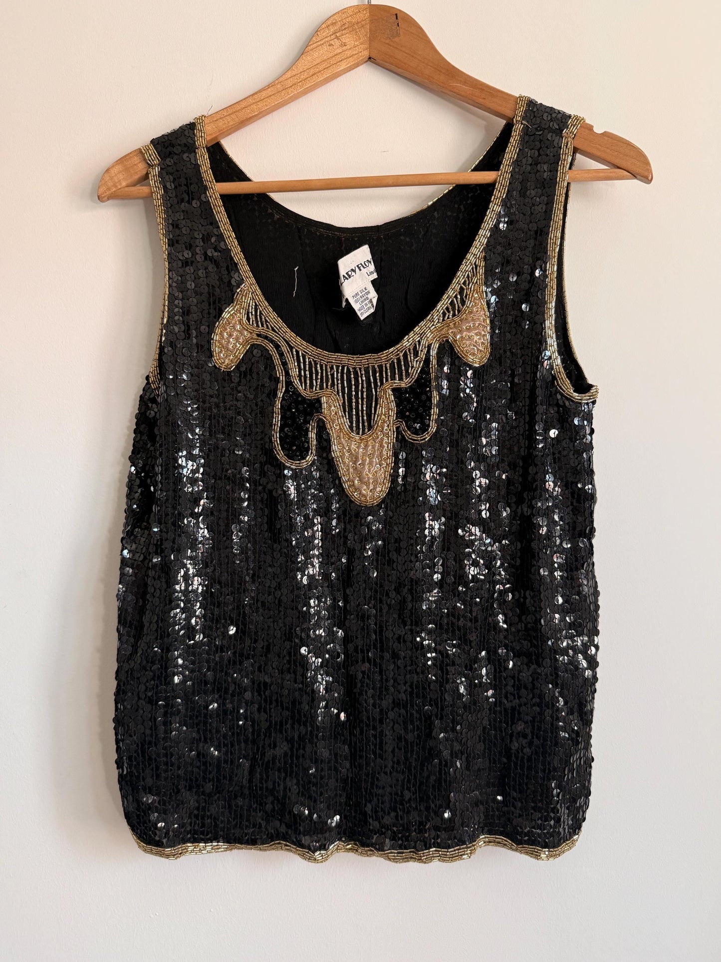 Vintage Hilary Floyd Black Sequin Top | Gold Beaded Party Top | 1980s Evening Blouse | Art Deco Sequin Vest | Cocktail Top