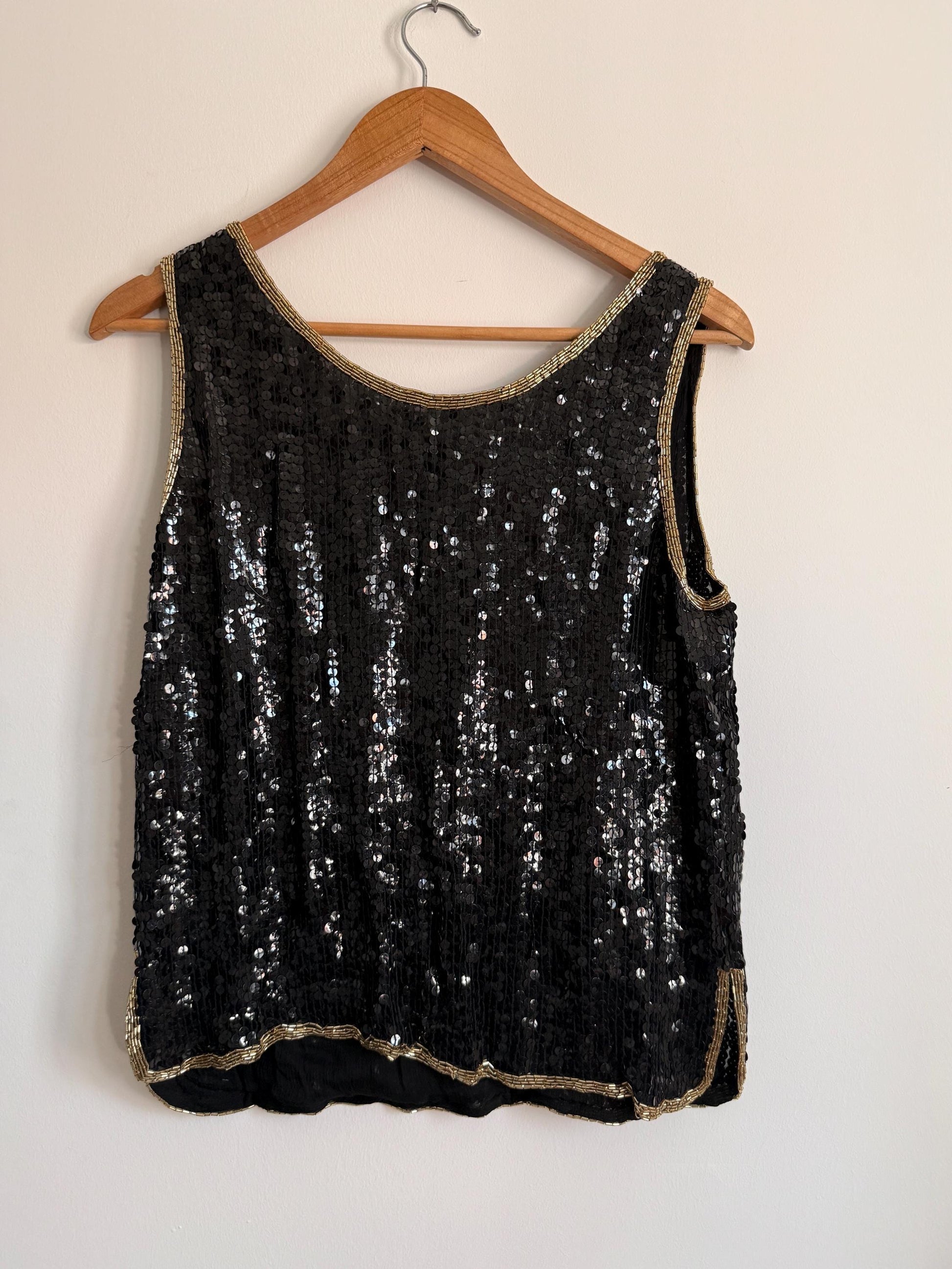 Vintage Hilary Floyd Black Sequin Top | Gold Beaded Party Top | 1980s Evening Blouse | Art Deco Sequin Vest | Cocktail Top