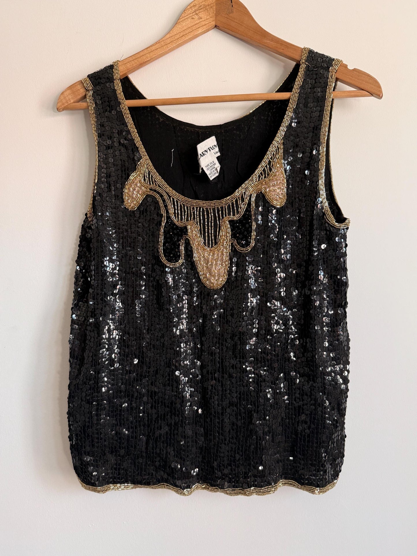 Vintage Hilary Floyd Black Sequin Top | Gold Beaded Party Top | 1980s Evening Blouse | Art Deco Sequin Vest | Cocktail Top