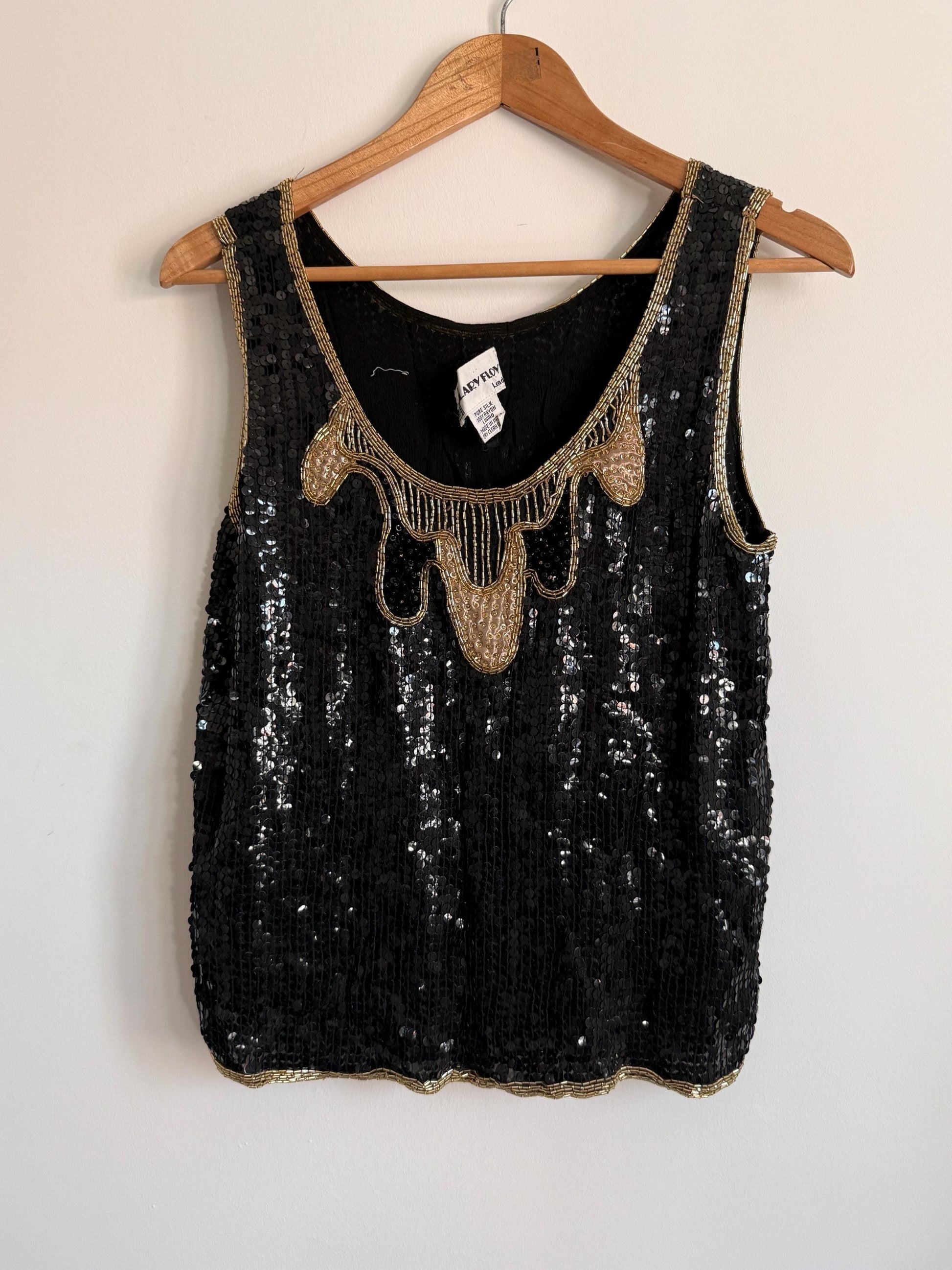 Vintage Hilary Floyd Black Sequin Top | Gold Beaded Party Top | 1980s Evening Blouse | Art Deco Sequin Vest | Cocktail Top