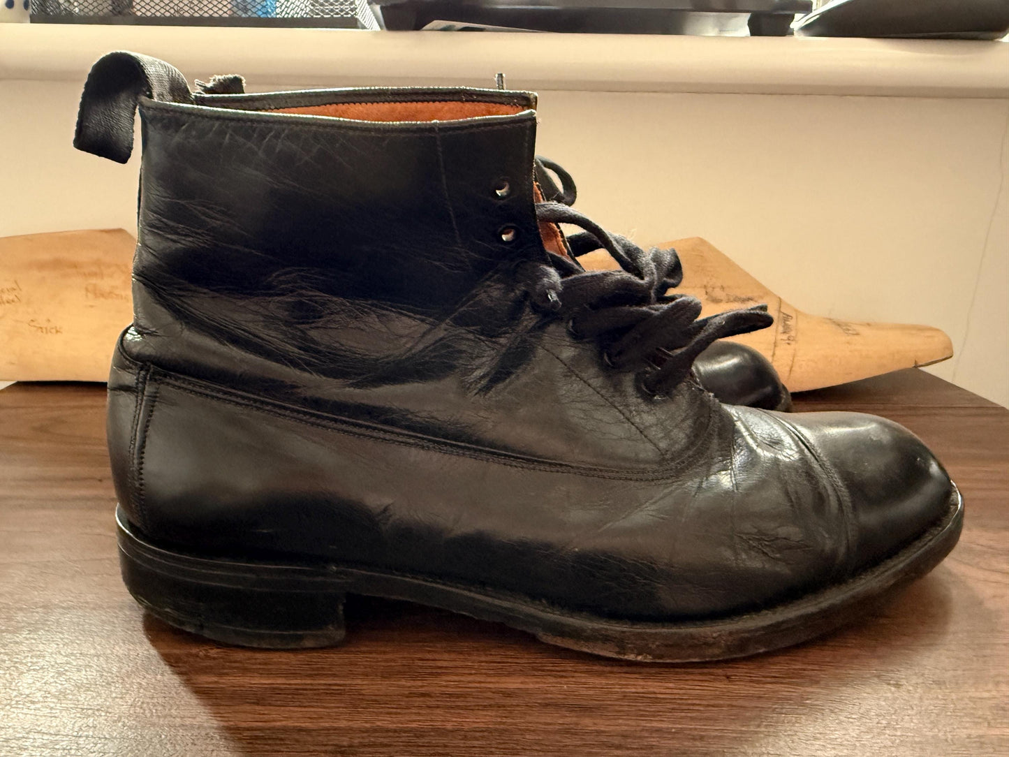 Vintage Hughson Black Leather Cap Toe Ankle Boots UK 8 | Handmade English Leather Lace Up Boots | Heritage Mens Footwear