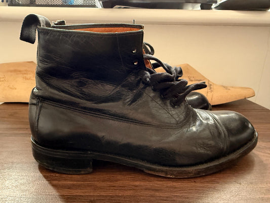 Vintage Hughson Black Leather Cap Toe Ankle Boots UK 8 | Handmade English Leather Lace Up Boots | Heritage Mens Footwear