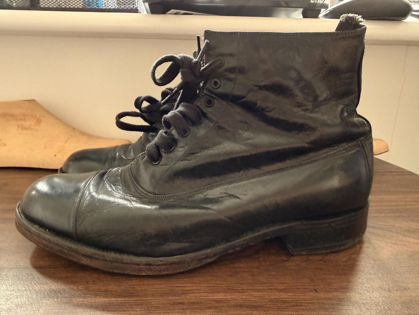 Vintage Hughson Black Leather Cap Toe Ankle Boots UK 8 | Handmade English Leather Lace Up Boots | Heritage Mens Footwear