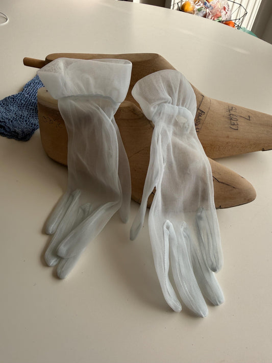 Vintage Ice Blue Sheer Gloves – Gathered Frill Cuffs, Plain Mesh, Bridal Occasion Accessories