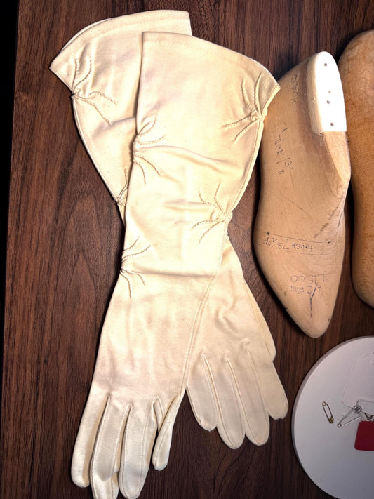 Vintage Ivory Long Gloves with Embroidered Cuffs | Cream Evening Gloves