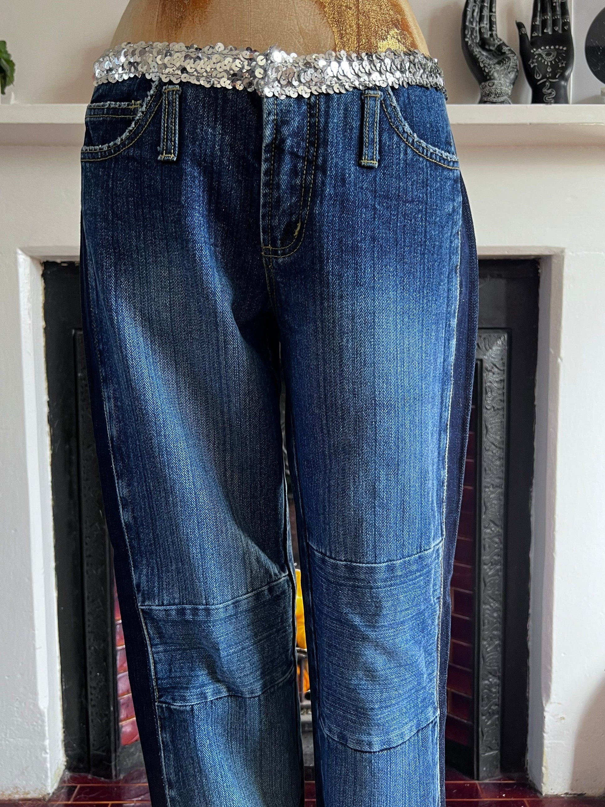Vintage 90s Flared Patched Jeans with sequin belt - Deadstock Vintage