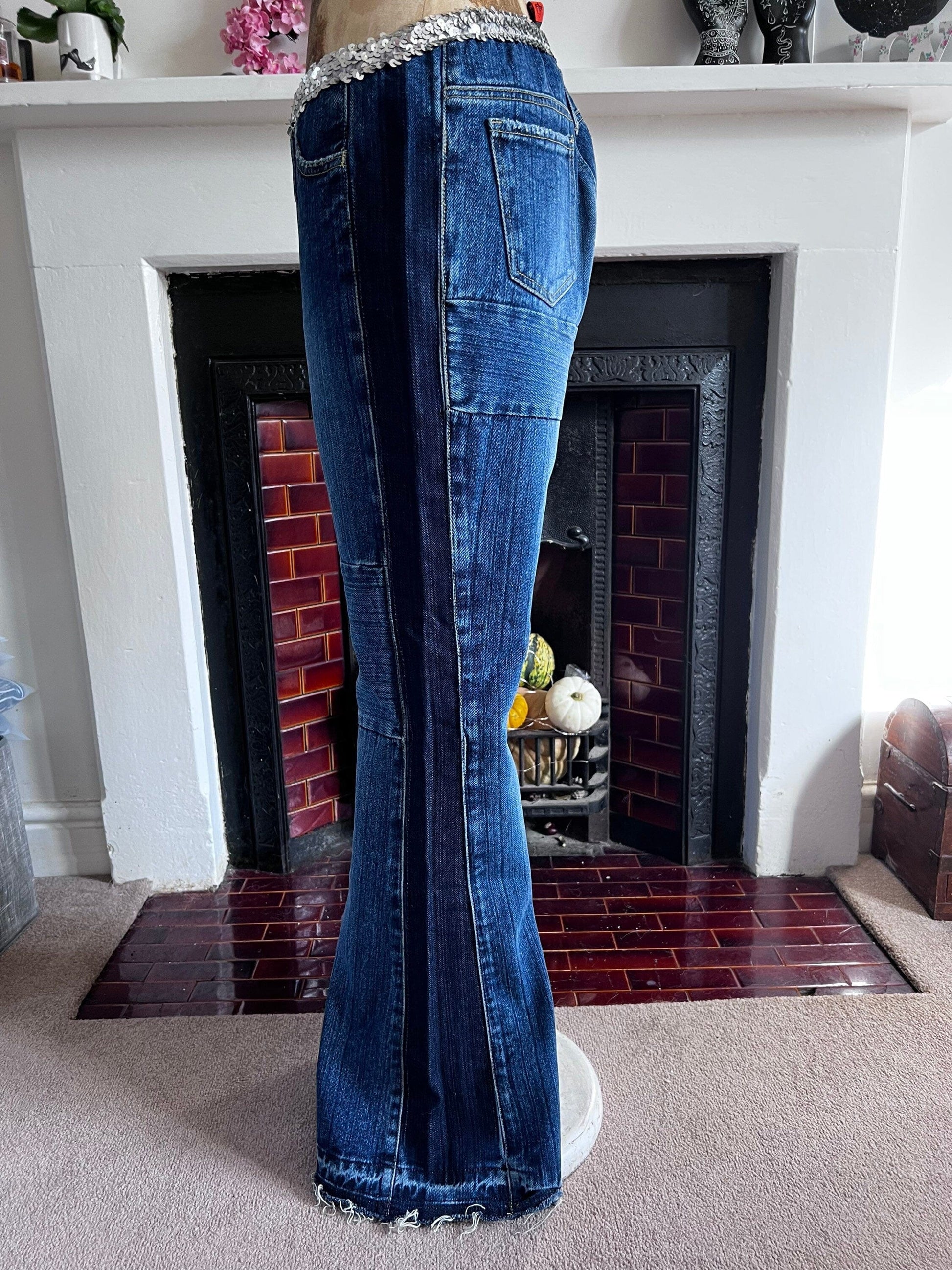 Vintage 90s Flared Patched Jeans with sequin belt - Deadstock Vintage