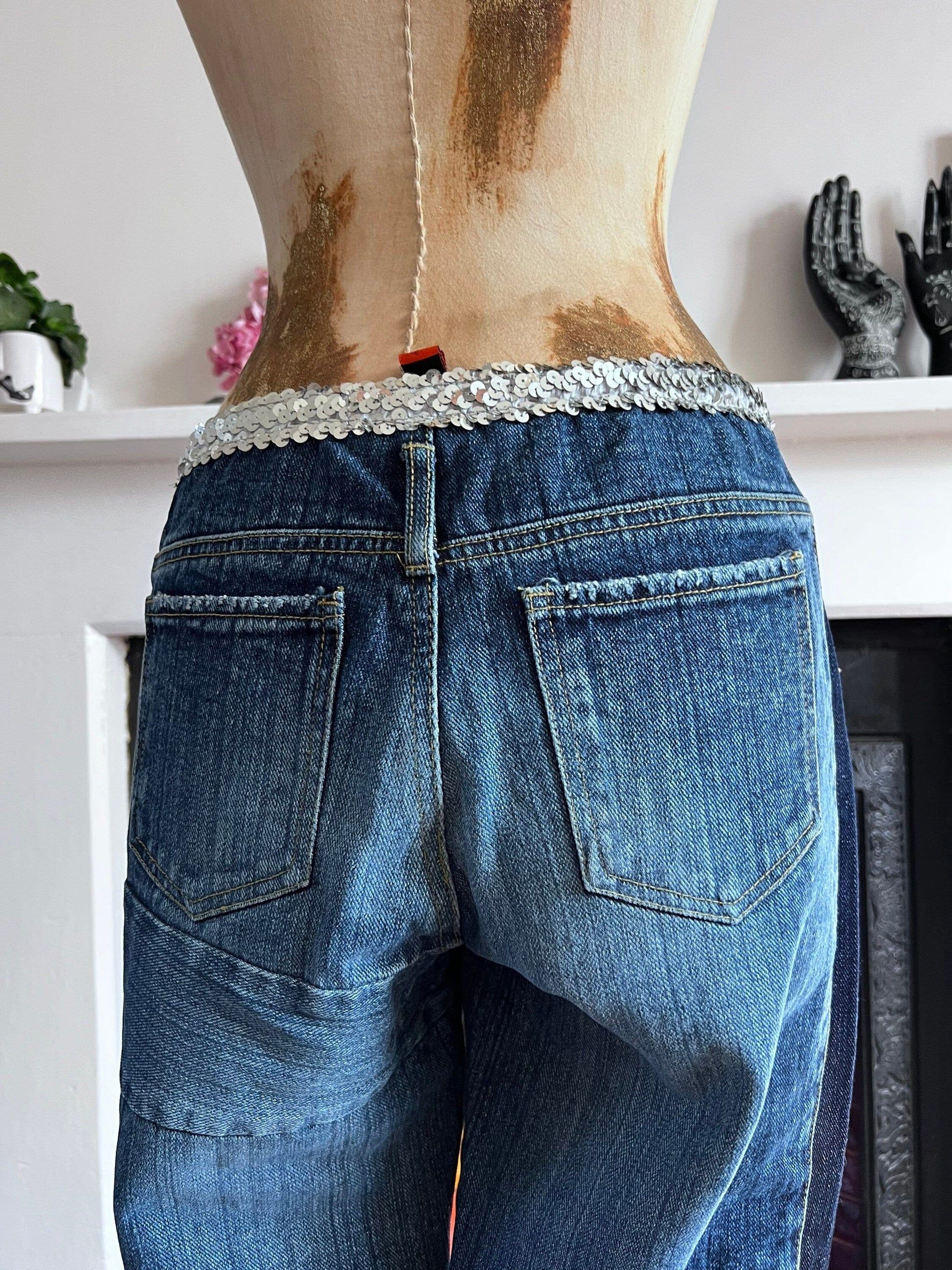 Vintage 90s Flared Patched Jeans with sequin belt - Deadstock Vintage