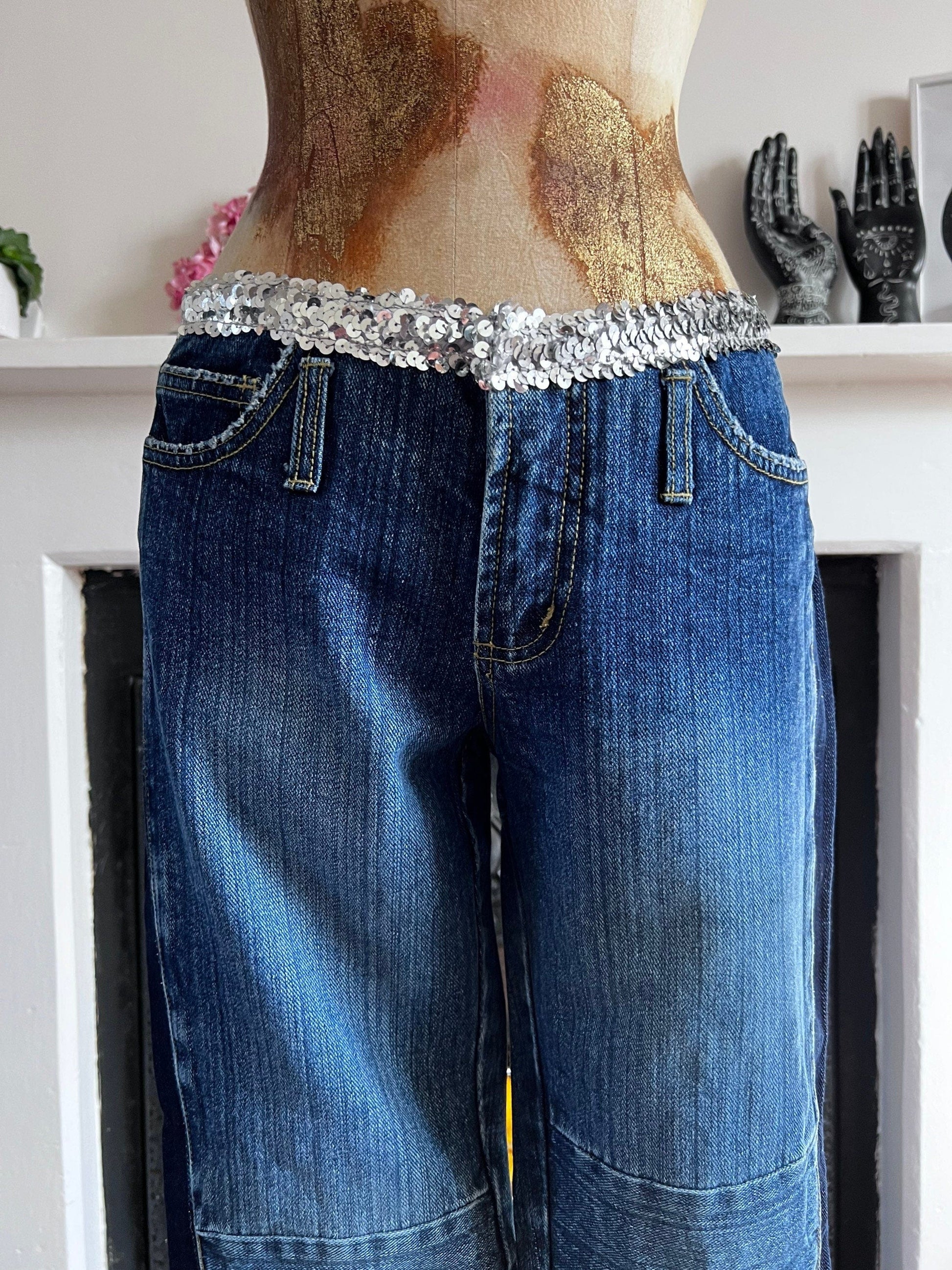 Vintage 90s Flared Patched Jeans with sequin belt - Deadstock Vintage