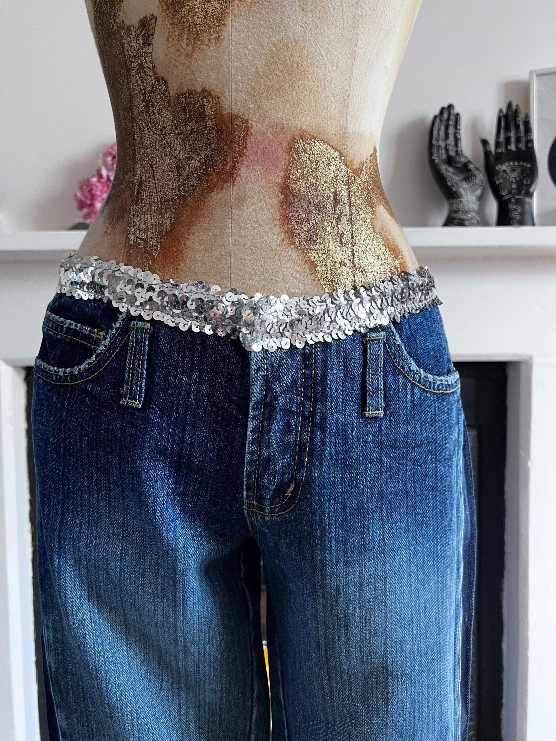 Vintage 90s Flared Patched Jeans with sequin belt - Deadstock Vintage