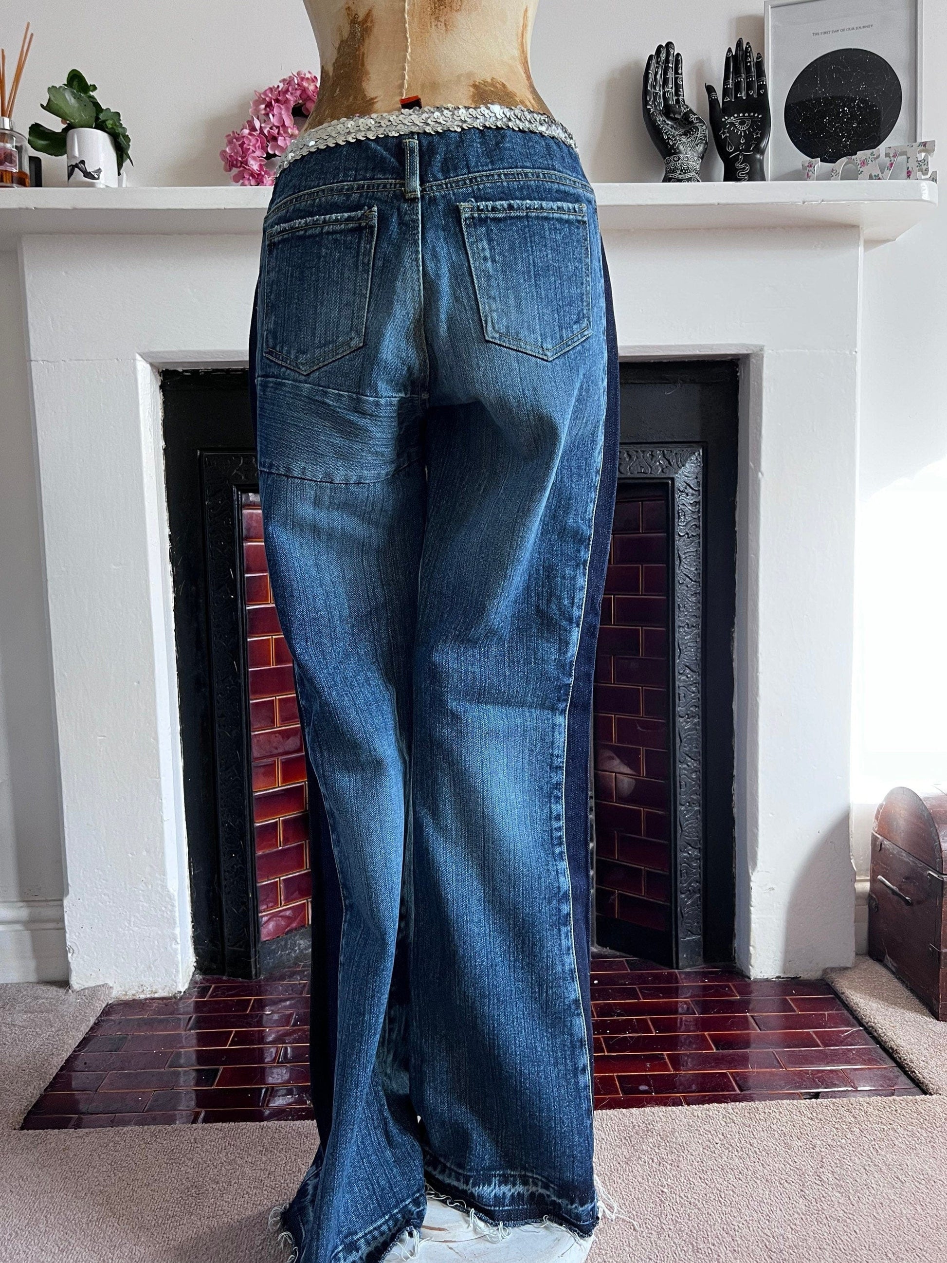 Vintage 90s Flared Patched Jeans with sequin belt - Deadstock Vintage