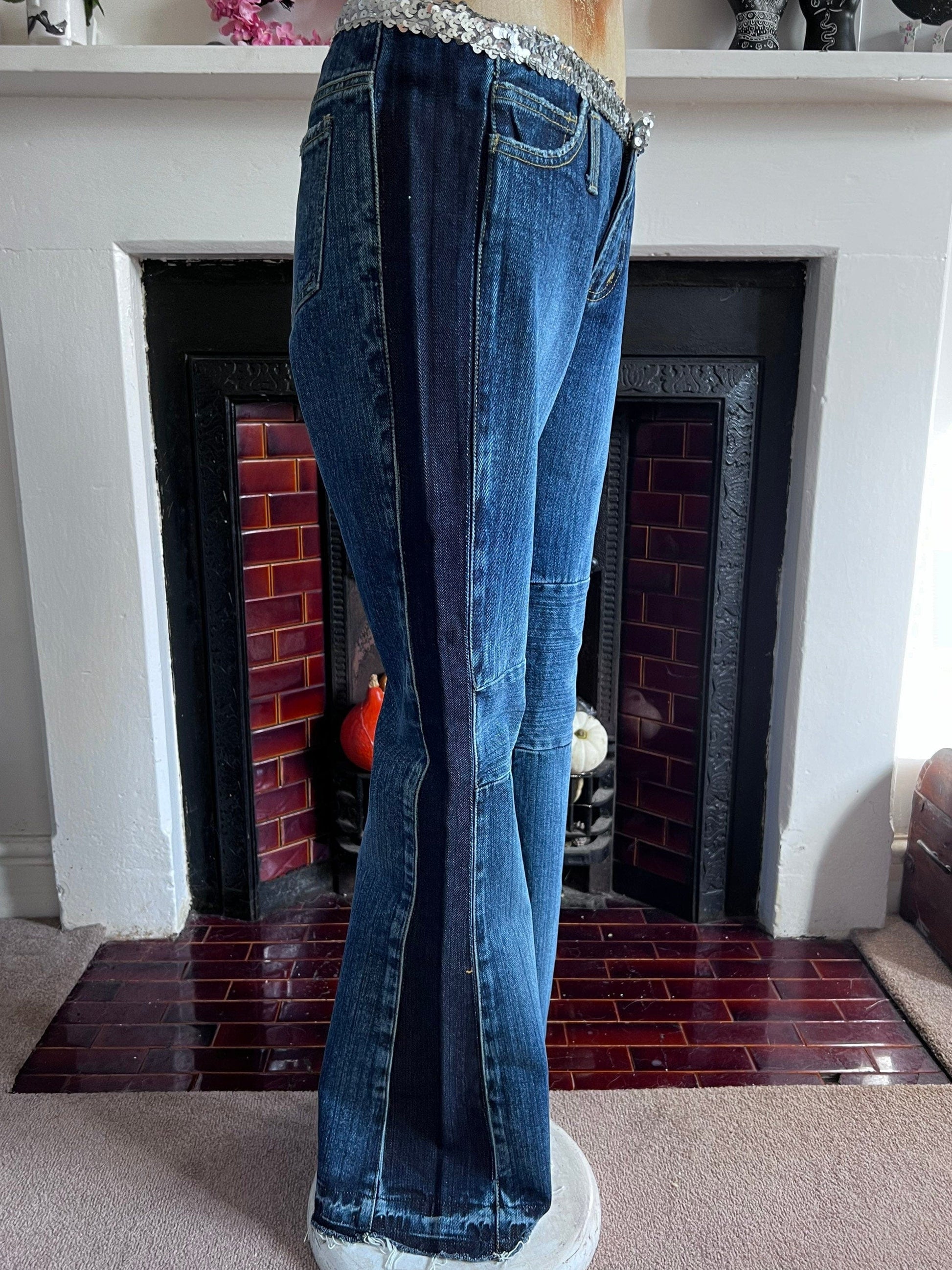 Vintage 90s Flared Patched Jeans with sequin belt - Deadstock Vintage