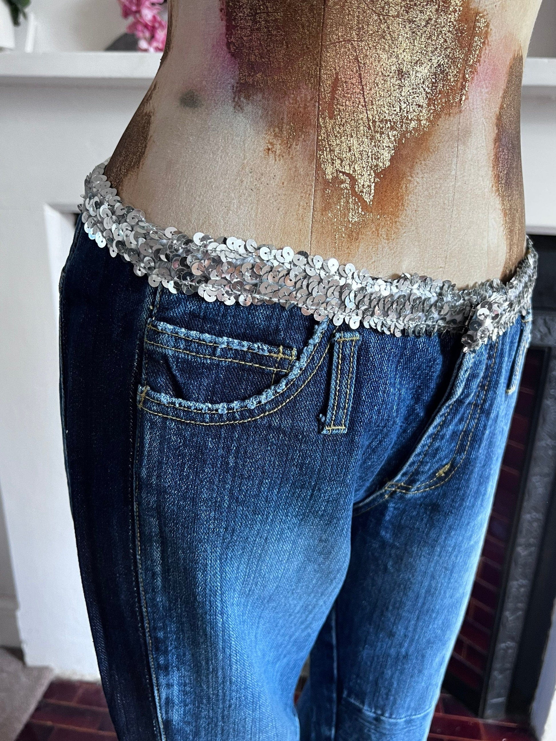 Vintage 90s Flared Patched Jeans with sequin belt - Deadstock Vintage