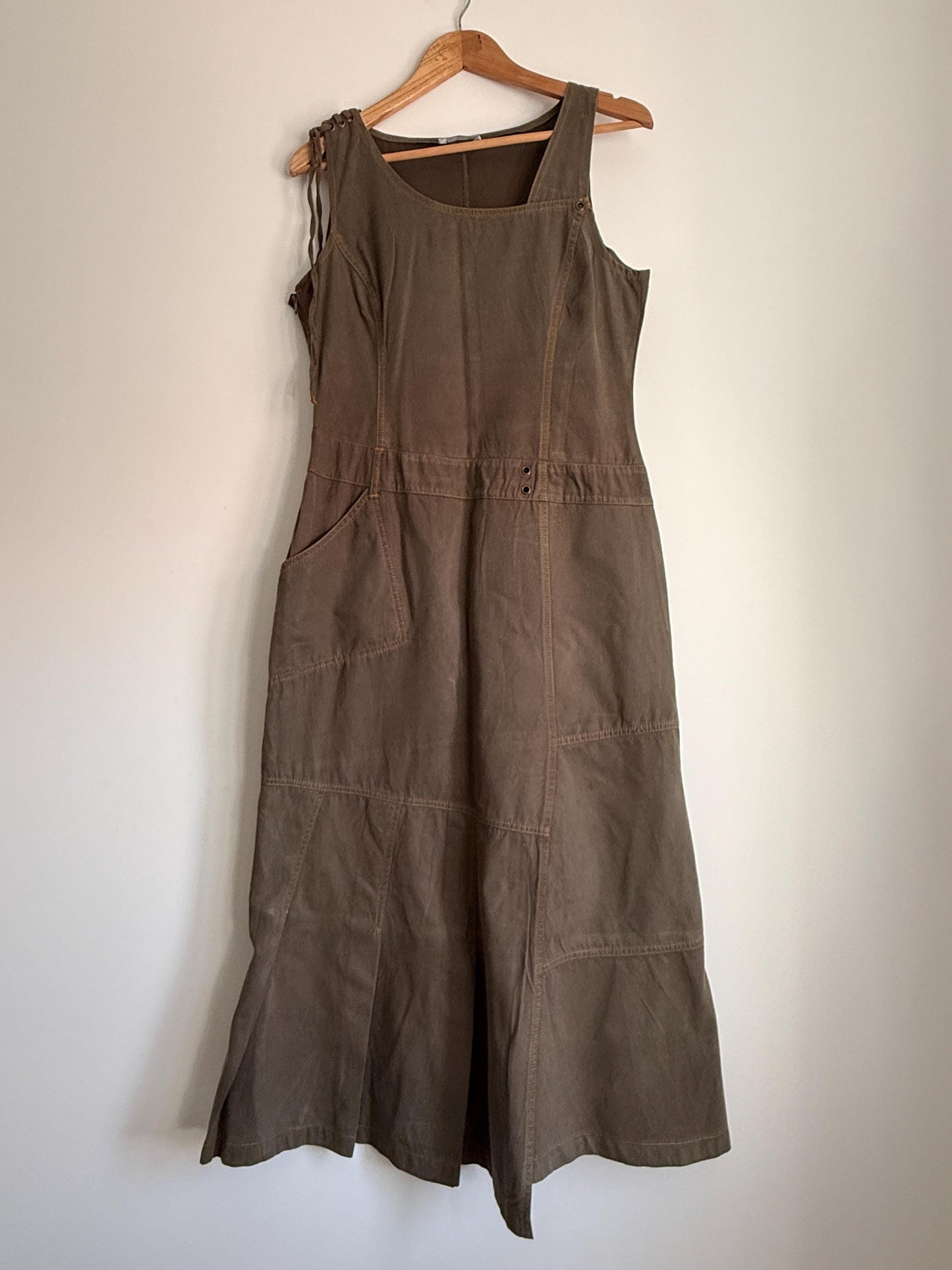 Vintage Khaki Utility Midi Dress UK 14 | Y2K Linen Blend Dress | Safari Dress | Minimalist Summer Dress | Pocket Dress | Asymmetric Dress