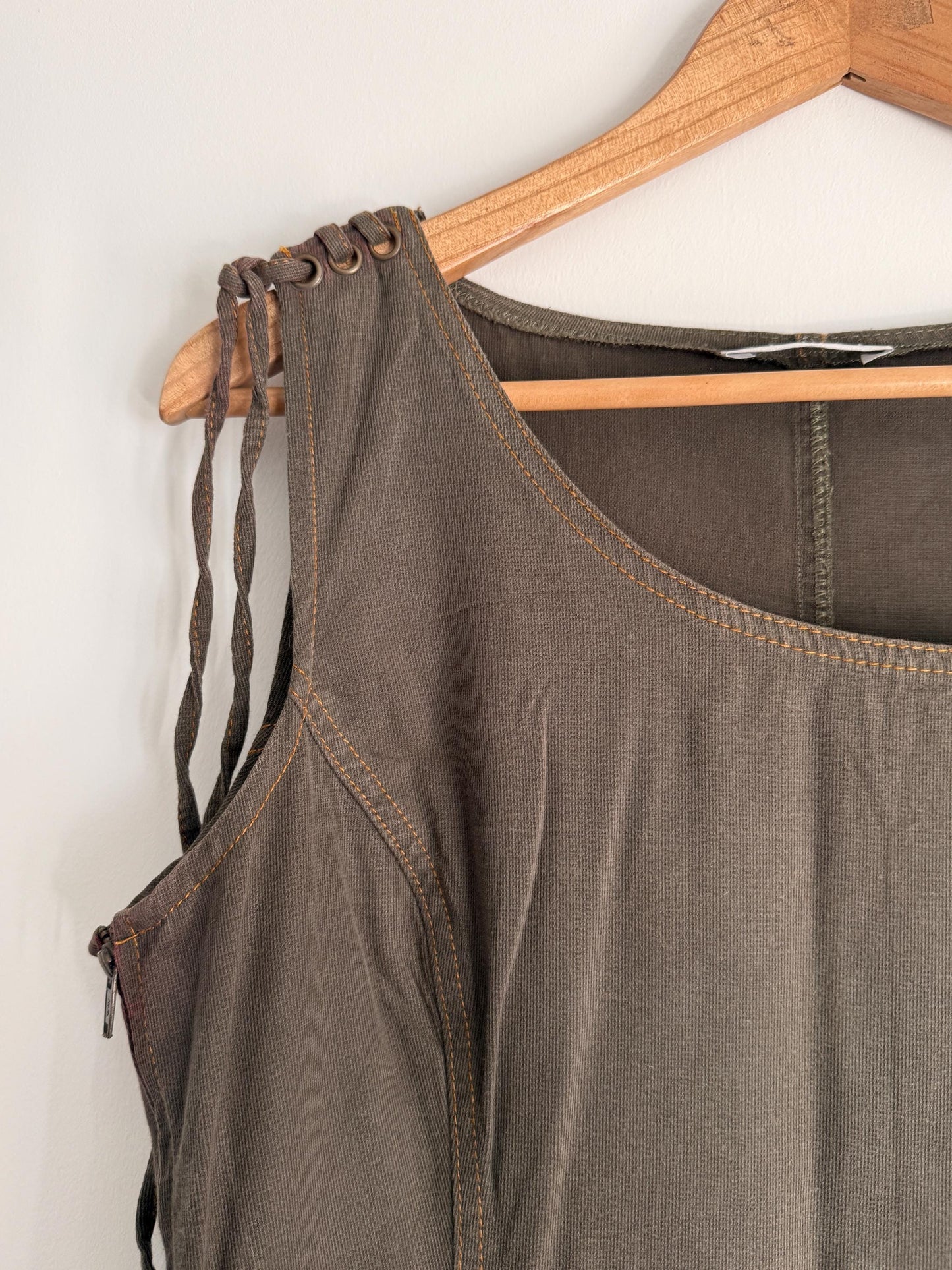 Vintage Khaki Utility Midi Dress UK 14 | Y2K Linen Blend Dress | Safari Dress | Minimalist Summer Dress | Pocket Dress | Asymmetric Dress