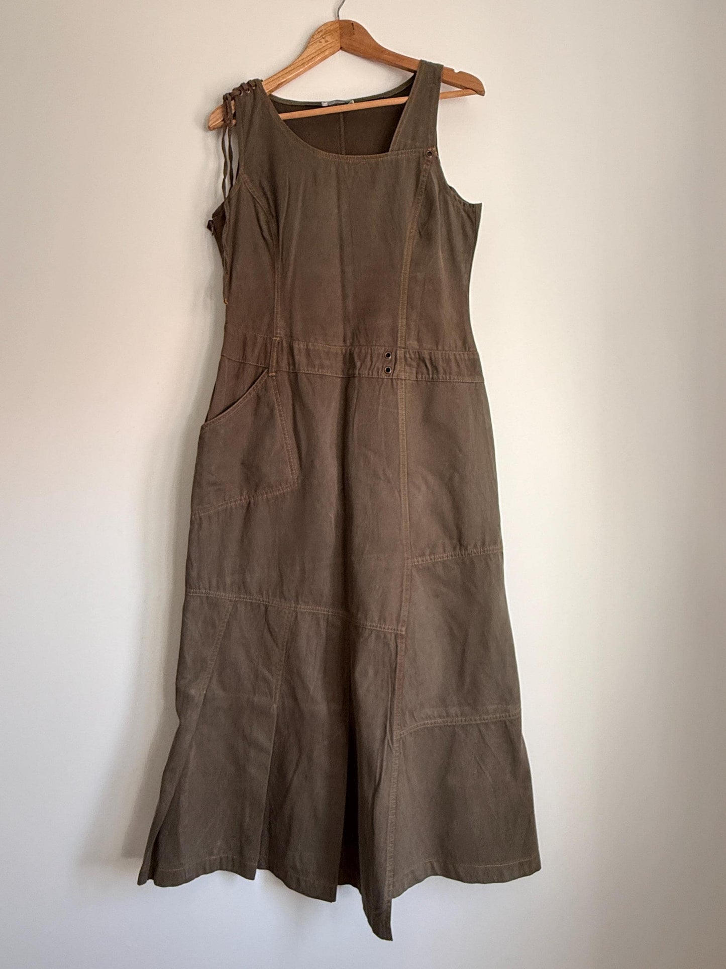 Vintage Khaki Utility Midi Dress UK 14 | Y2K Linen Blend Dress | Safari Dress | Minimalist Summer Dress | Pocket Dress | Asymmetric Dress