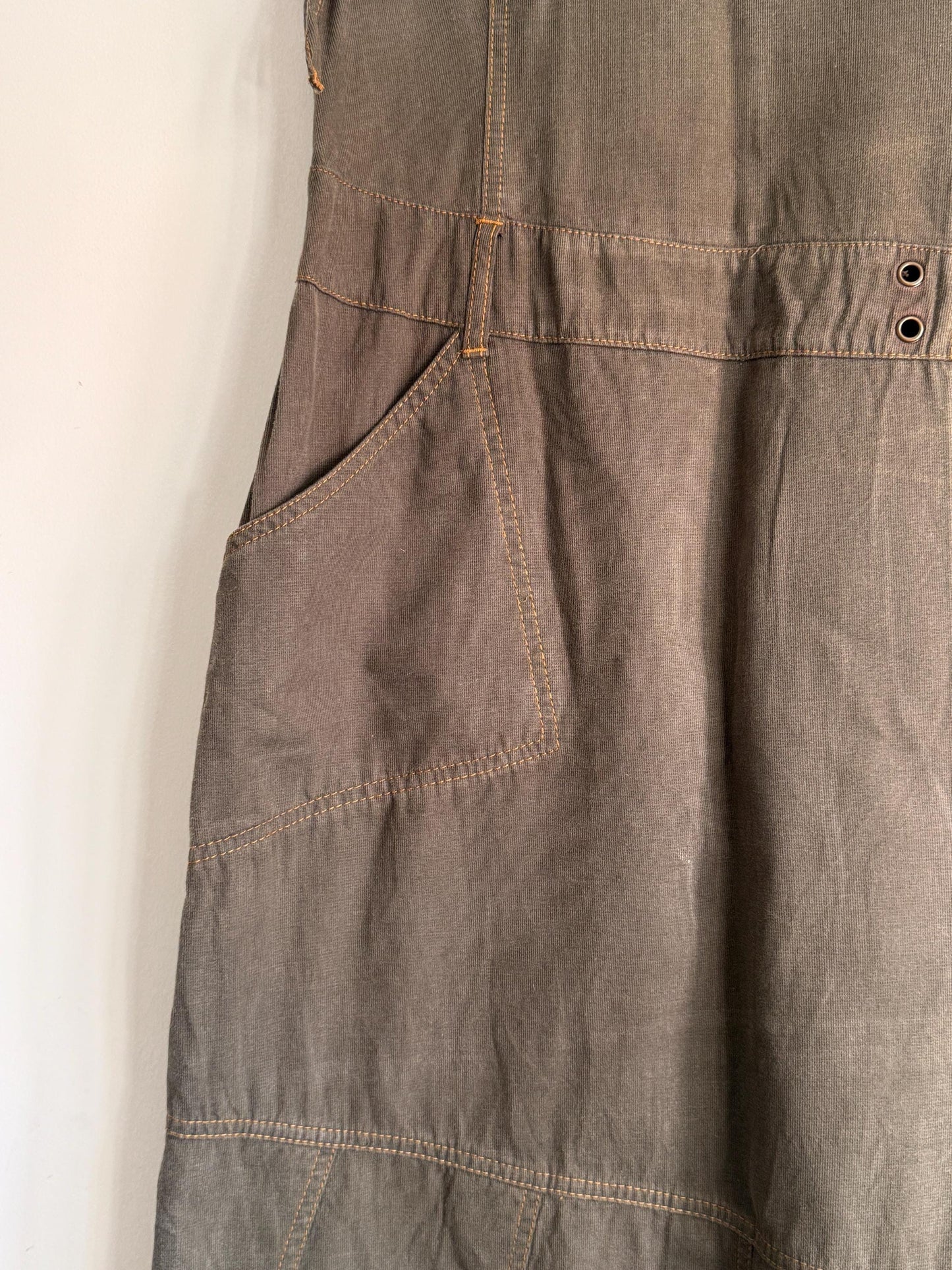 Vintage Khaki Utility Midi Dress UK 14 | Y2K Linen Blend Dress | Safari Dress | Minimalist Summer Dress | Pocket Dress | Asymmetric Dress