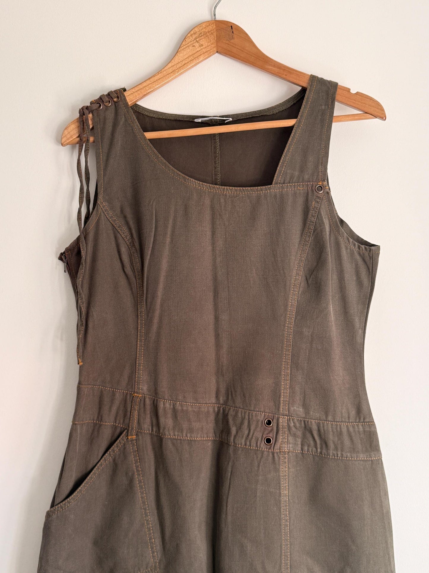 Vintage Khaki Utility Midi Dress UK 14 | Y2K Linen Blend Dress | Safari Dress | Minimalist Summer Dress | Pocket Dress | Asymmetric Dress