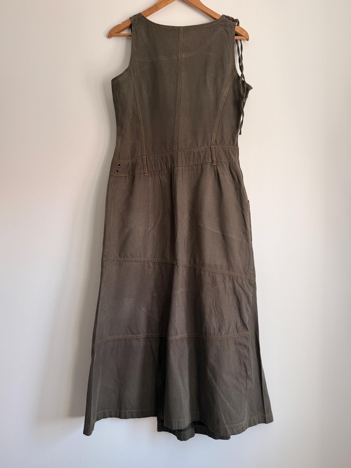 Vintage Khaki Utility Midi Dress UK 14 | Y2K Linen Blend Dress | Safari Dress | Minimalist Summer Dress | Pocket Dress | Asymmetric Dress