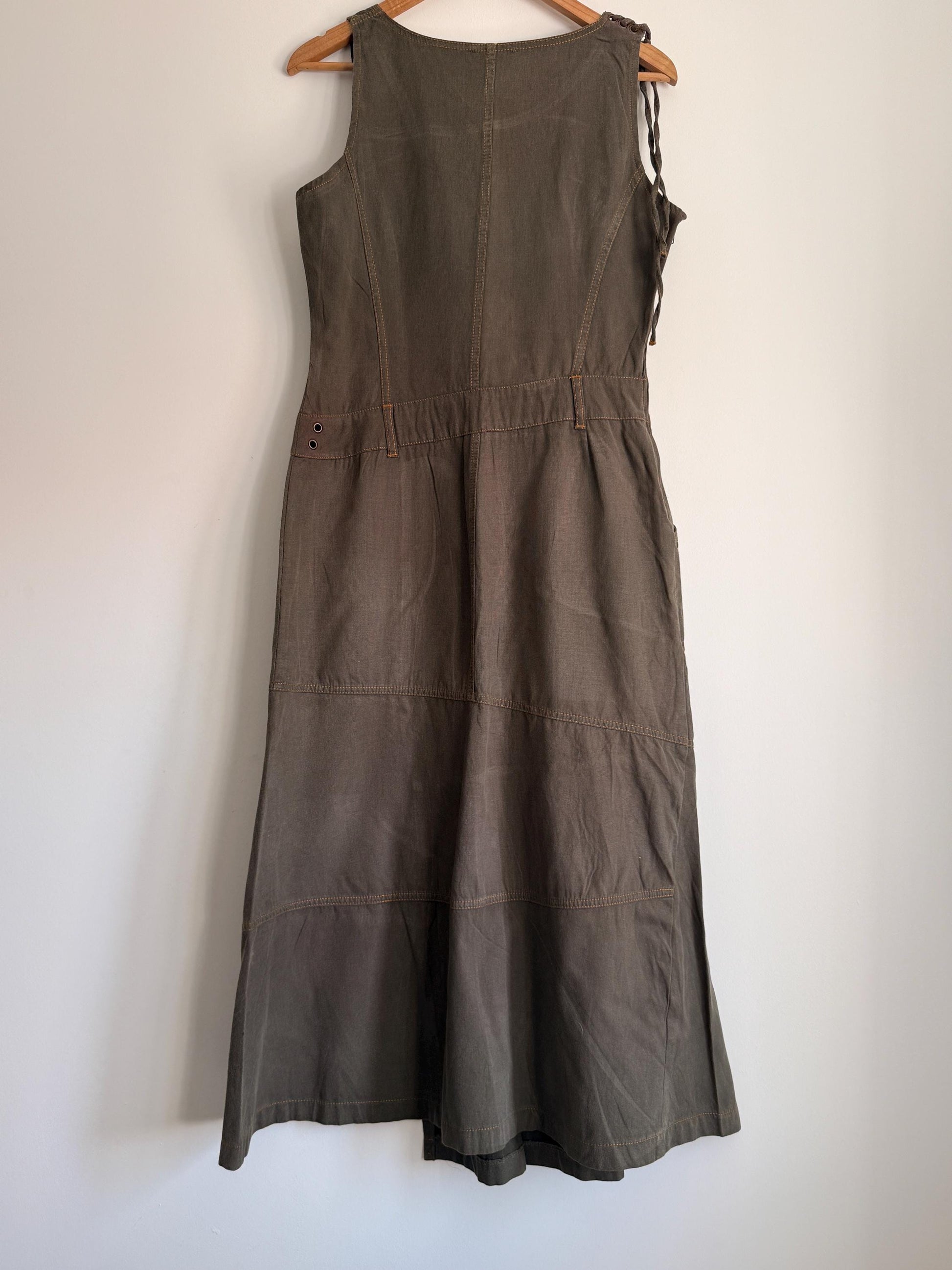 Vintage Khaki Utility Midi Dress UK 14 | Y2K Linen Blend Dress | Safari Dress | Minimalist Summer Dress | Pocket Dress | Asymmetric Dress