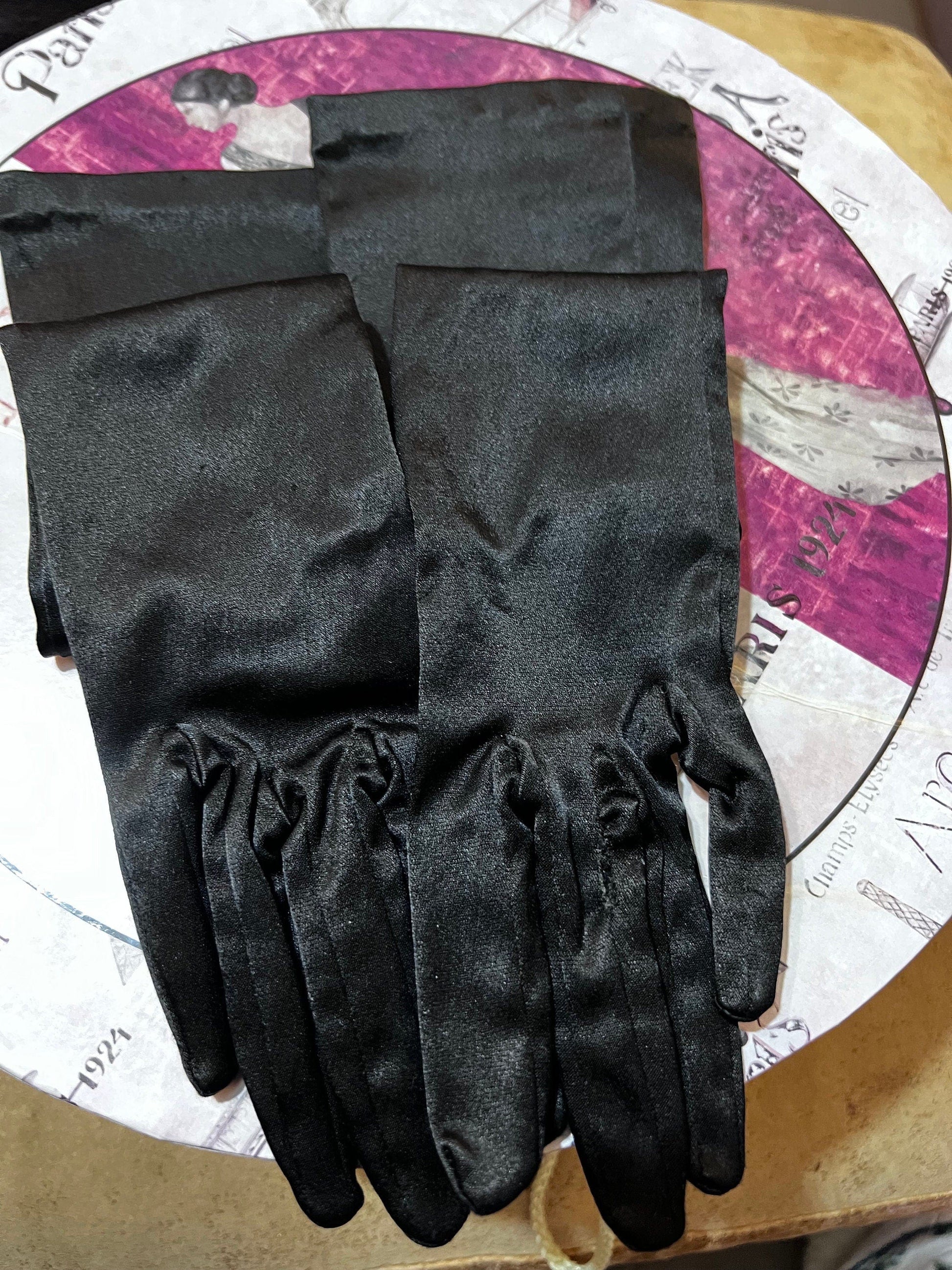 Vintage Ladies Long Black Stretch Satin Gloves - Satin Longer Style Long Black Gloves -  Size Small Gloves, Ladies Gloves, Black Gloves,