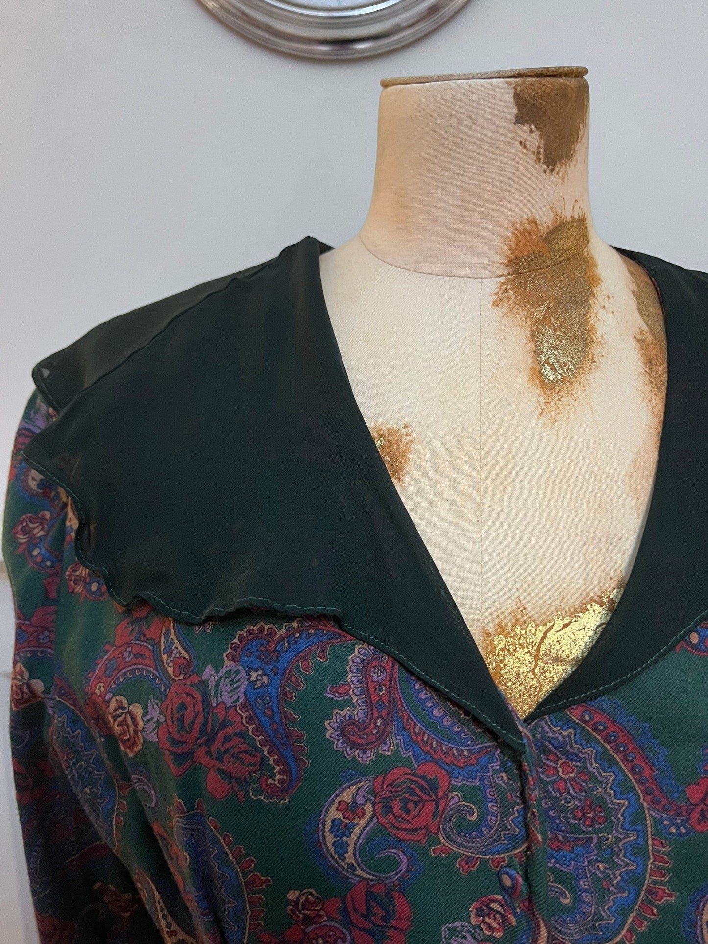 Vintage Laura Ashley Dress Chiffon Collar Paisley Tie Back Dress - UK16 - Bottle Green Paisley Brushed Cotton - Made in Great Britain 1980s