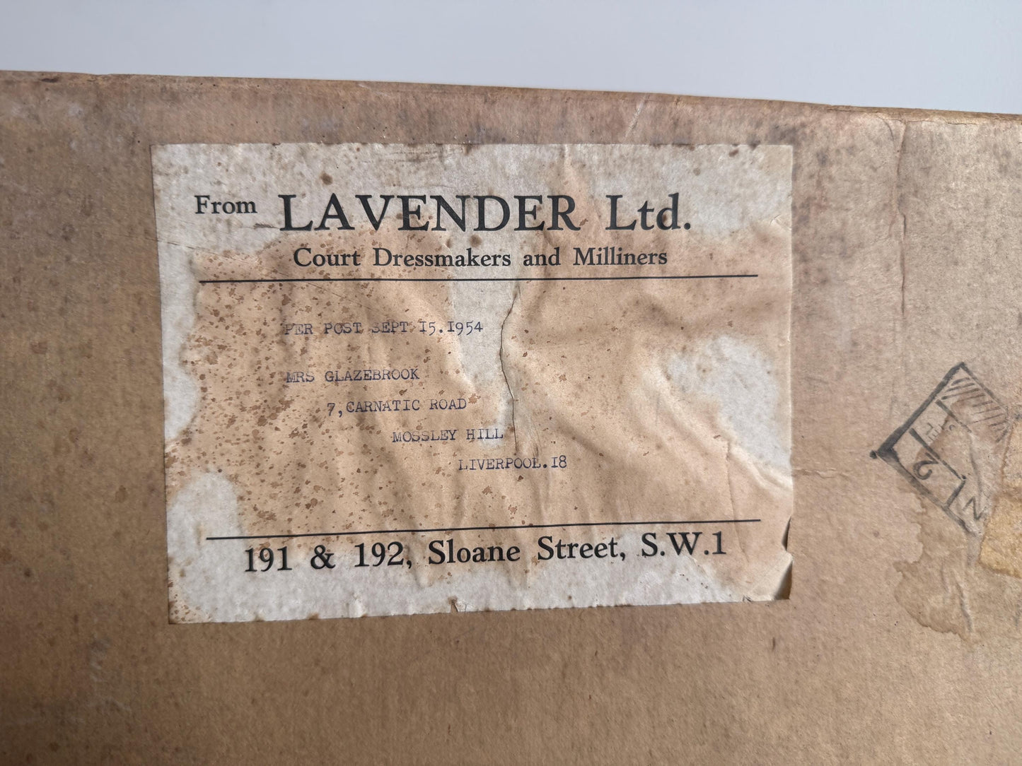 Vintage Lavender Ltd Court Dressmakers Box | Dated 15th September 1954 | Original Sloane Street Packaging | Fashion Ephemera