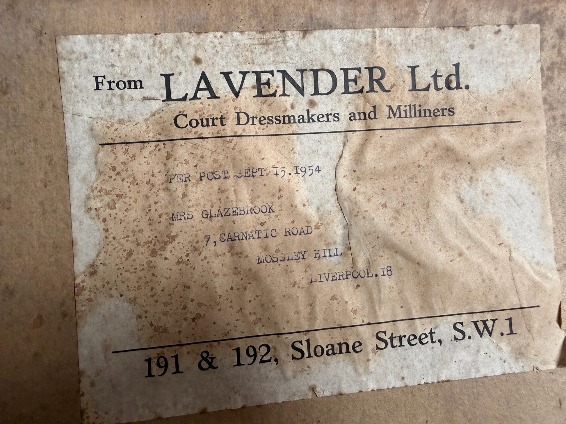 Vintage Lavender Ltd Court Dressmakers Box | Dated 15th September 1954 | Original Sloane Street Packaging | Fashion Ephemera