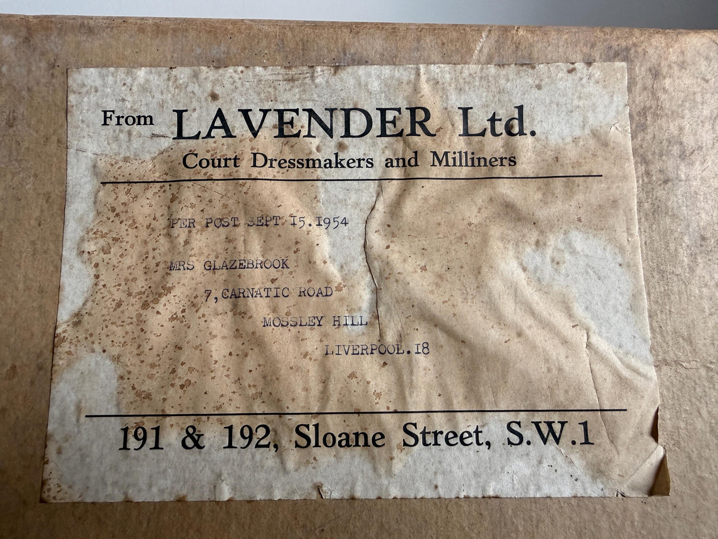 Vintage Lavender Ltd Court Dressmakers Box | Dated 15th September 1954 | Original Sloane Street Packaging | Fashion Ephemera