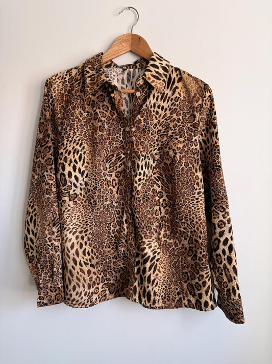 Vintage Leopard Print Blouse 90s Animal Print Shirt Safari Print Button Up Top Women's Long Sleeve Vintage Blouse Neutral Leopard Shirt