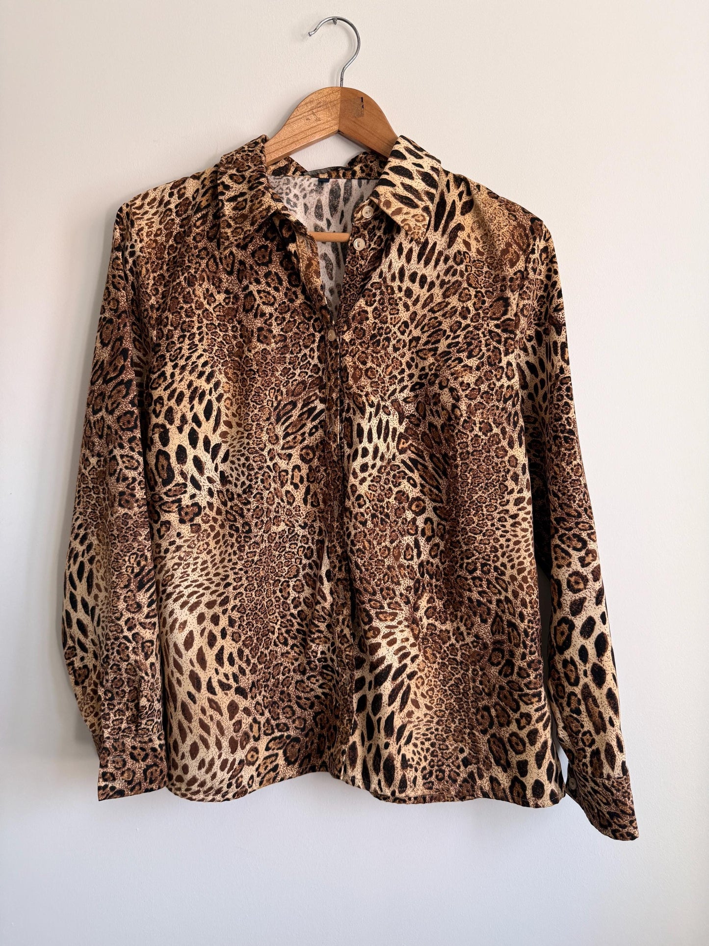 Vintage Leopard Print Blouse 90s Animal Print Shirt Safari Print Button Up Top Women's Long Sleeve Vintage Blouse Neutral Leopard Shirt