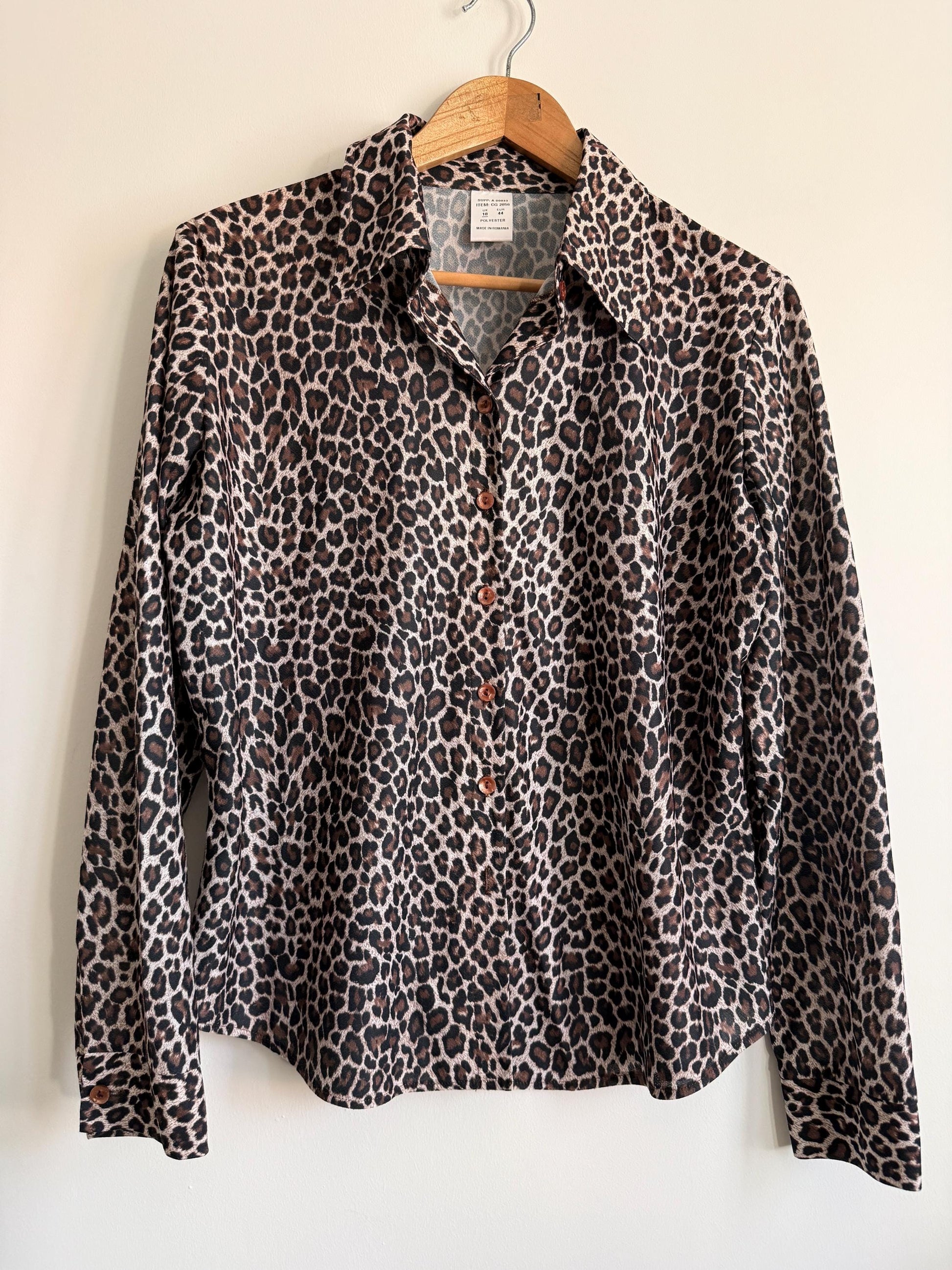 Vintage Leopard Print Shirt | Animal Print Blouse | 90s Button Up Top | Safari Chic Blouse | Brown Leopard Shirt | UK 12