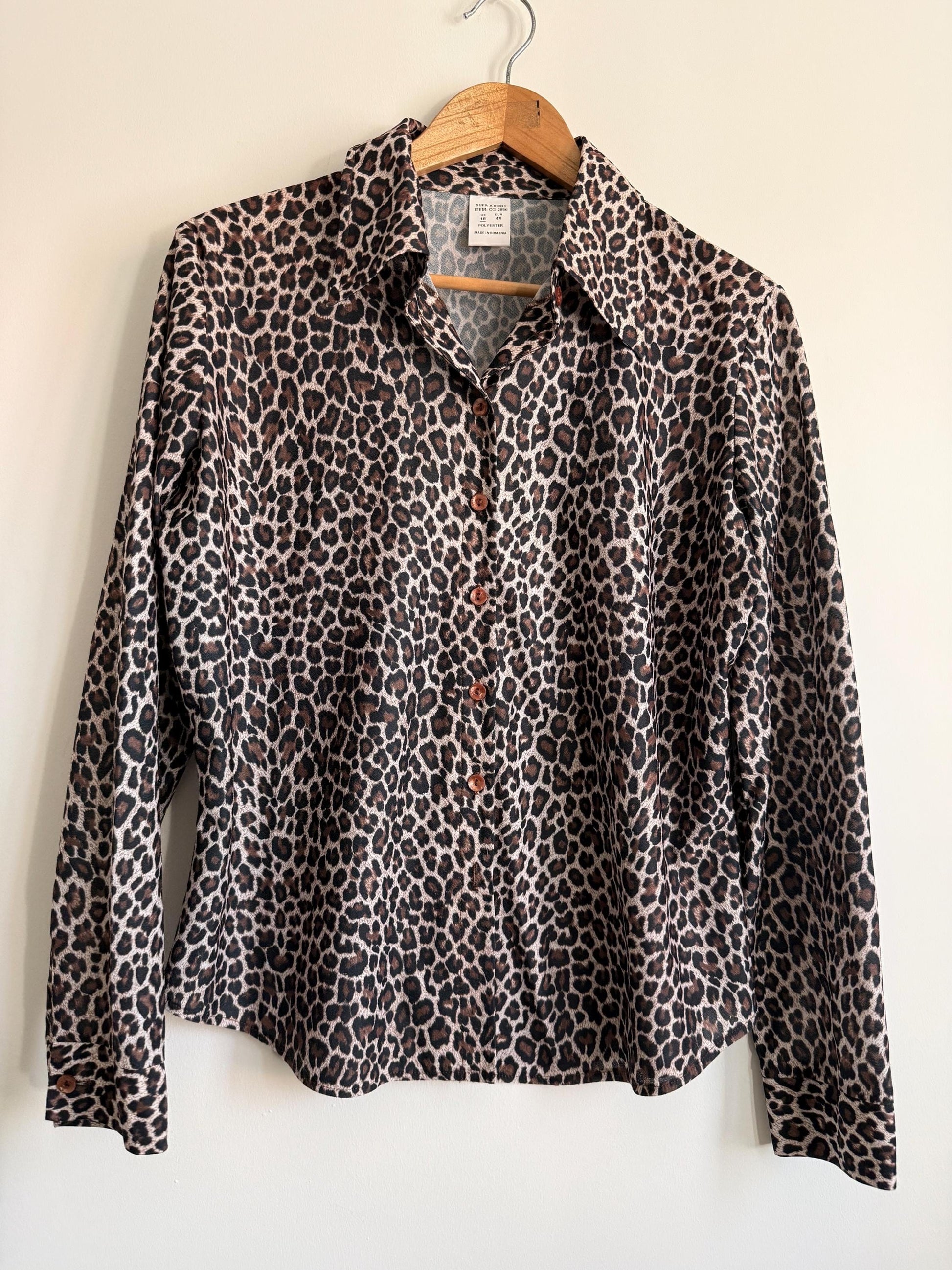 Vintage Leopard Print Shirt | Animal Print Blouse | 90s Button Up Top | Safari Chic Blouse | Brown Leopard Shirt | UK 12
