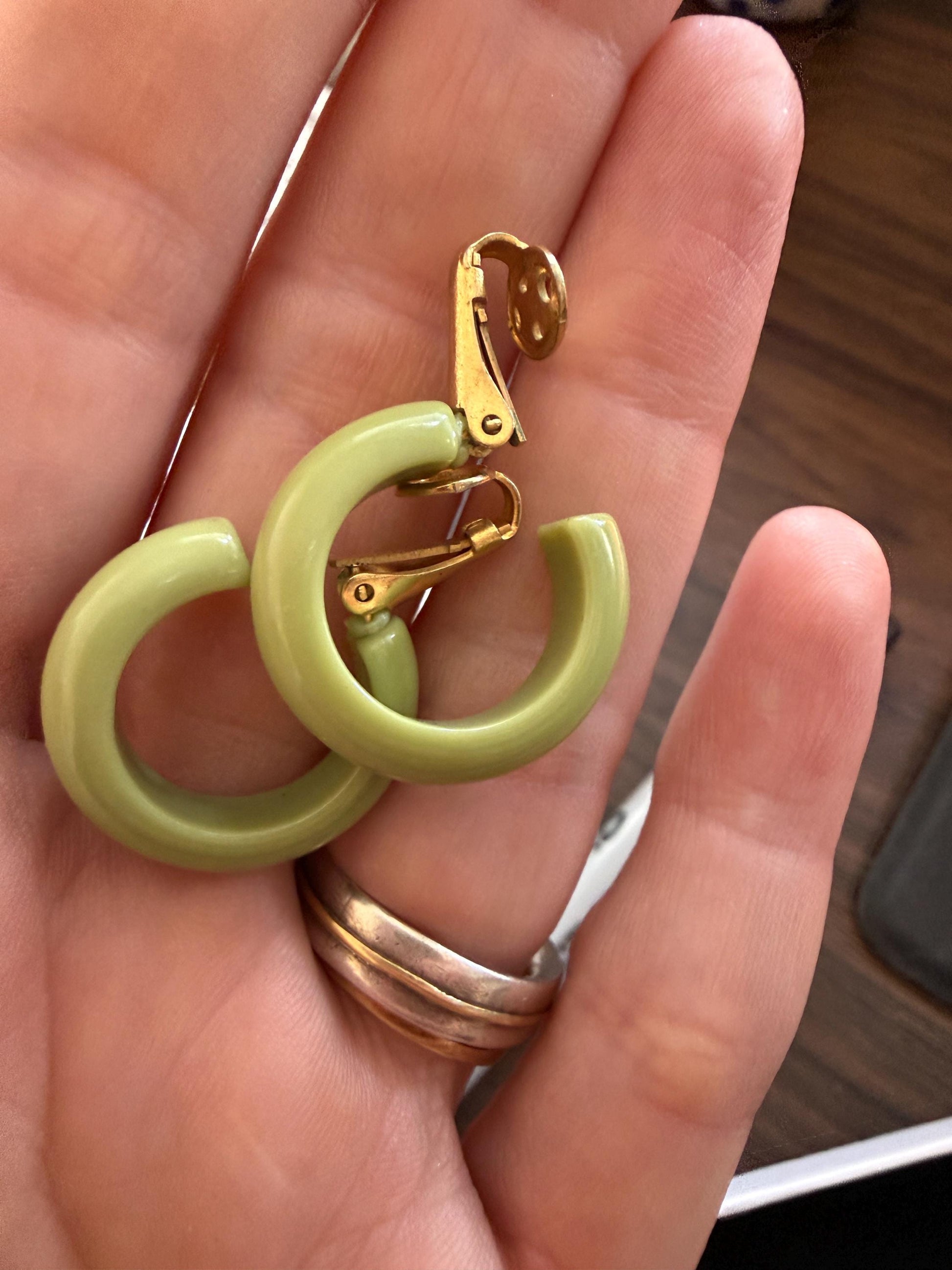 Vintage Lime Green Hoop Earrings, Chunky Clip On Earrings, Retro Plastic Hoops, Mod Costume Jewellery