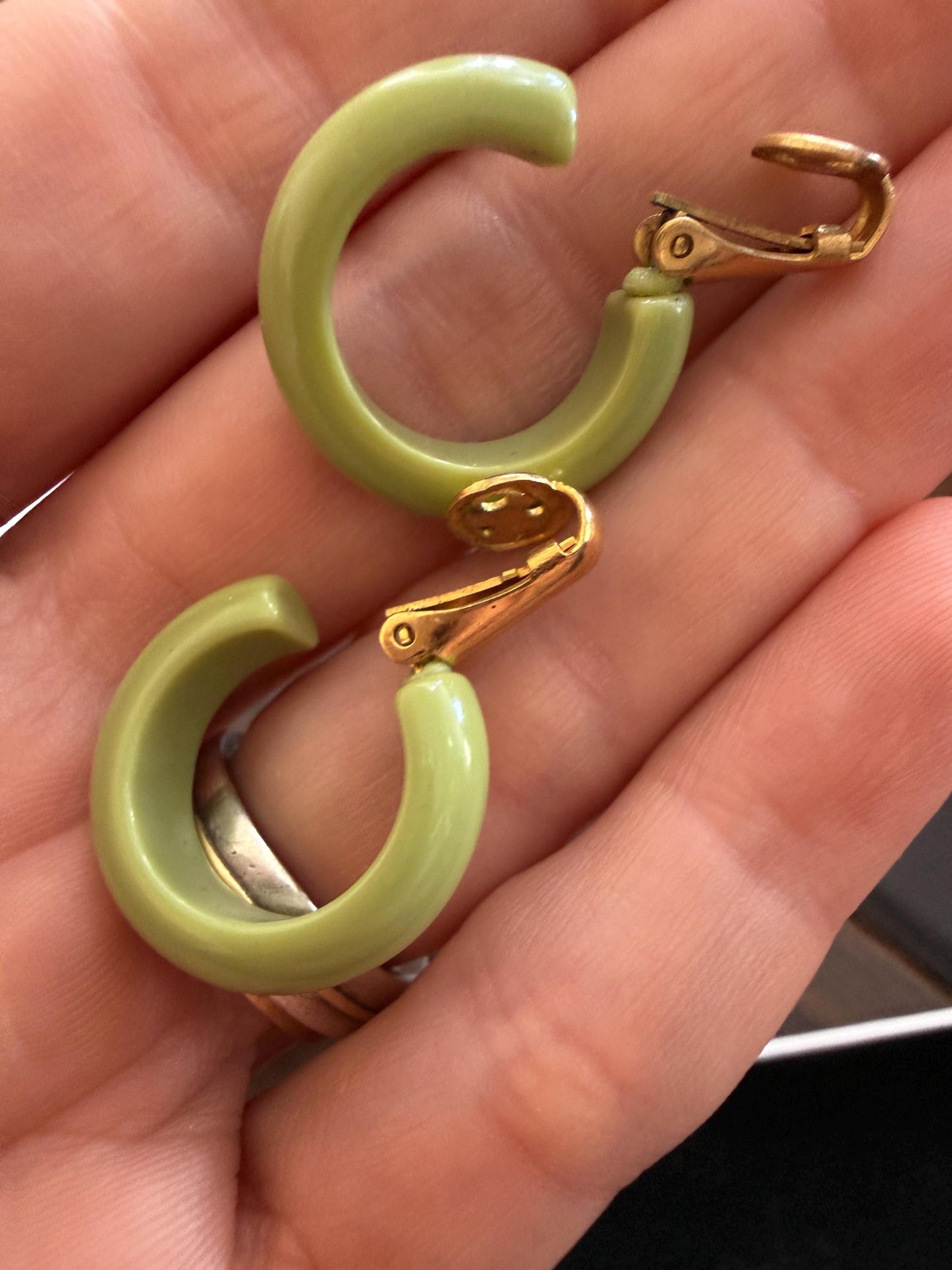 Vintage Lime Green Hoop Earrings, Chunky Clip On Earrings, Retro Plastic Hoops, Mod Costume Jewellery