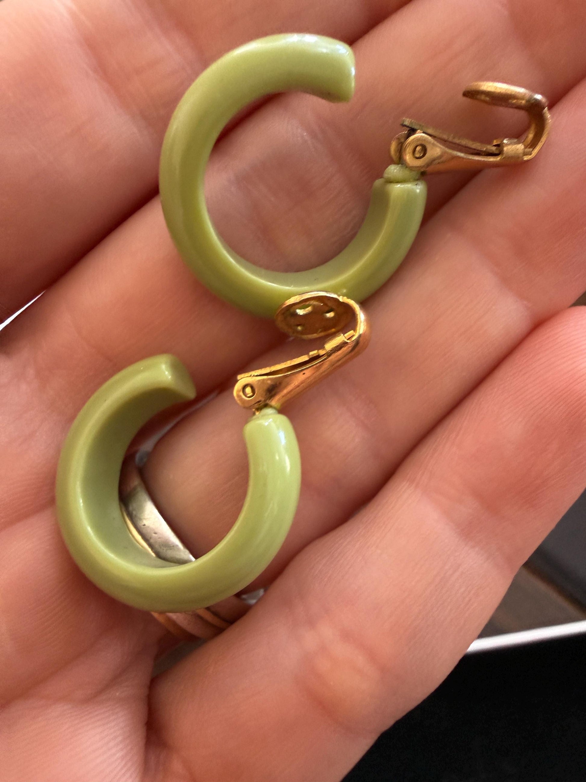 Vintage Lime Green Hoop Earrings, Chunky Clip On Earrings, Retro Plastic Hoops, Mod Costume Jewellery