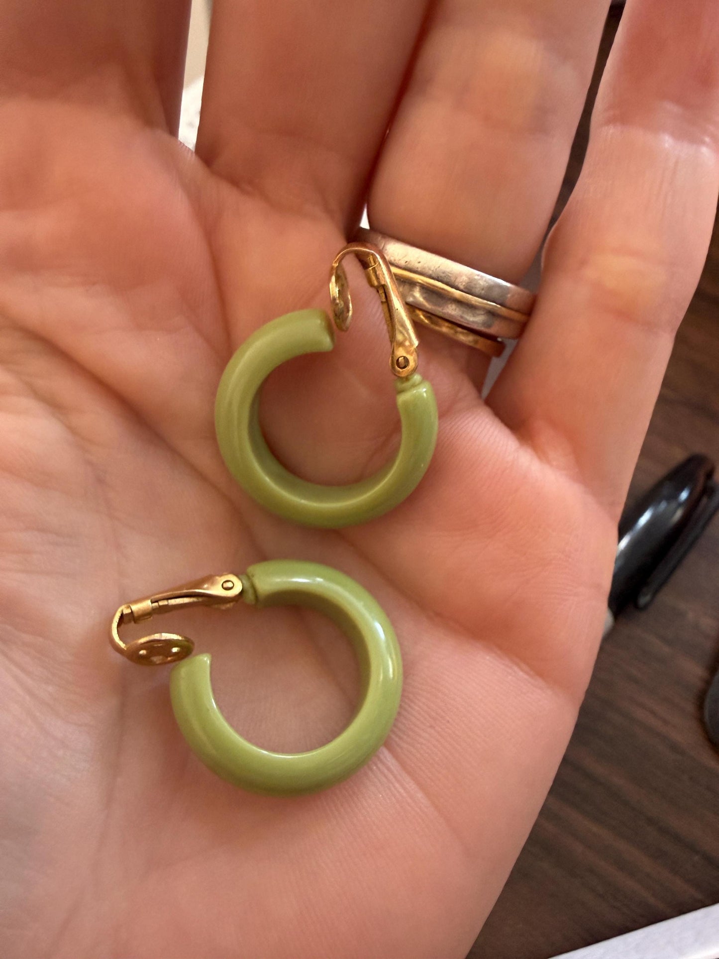 Vintage Lime Green Hoop Earrings, Chunky Clip On Earrings, Retro Plastic Hoops, Mod Costume Jewellery