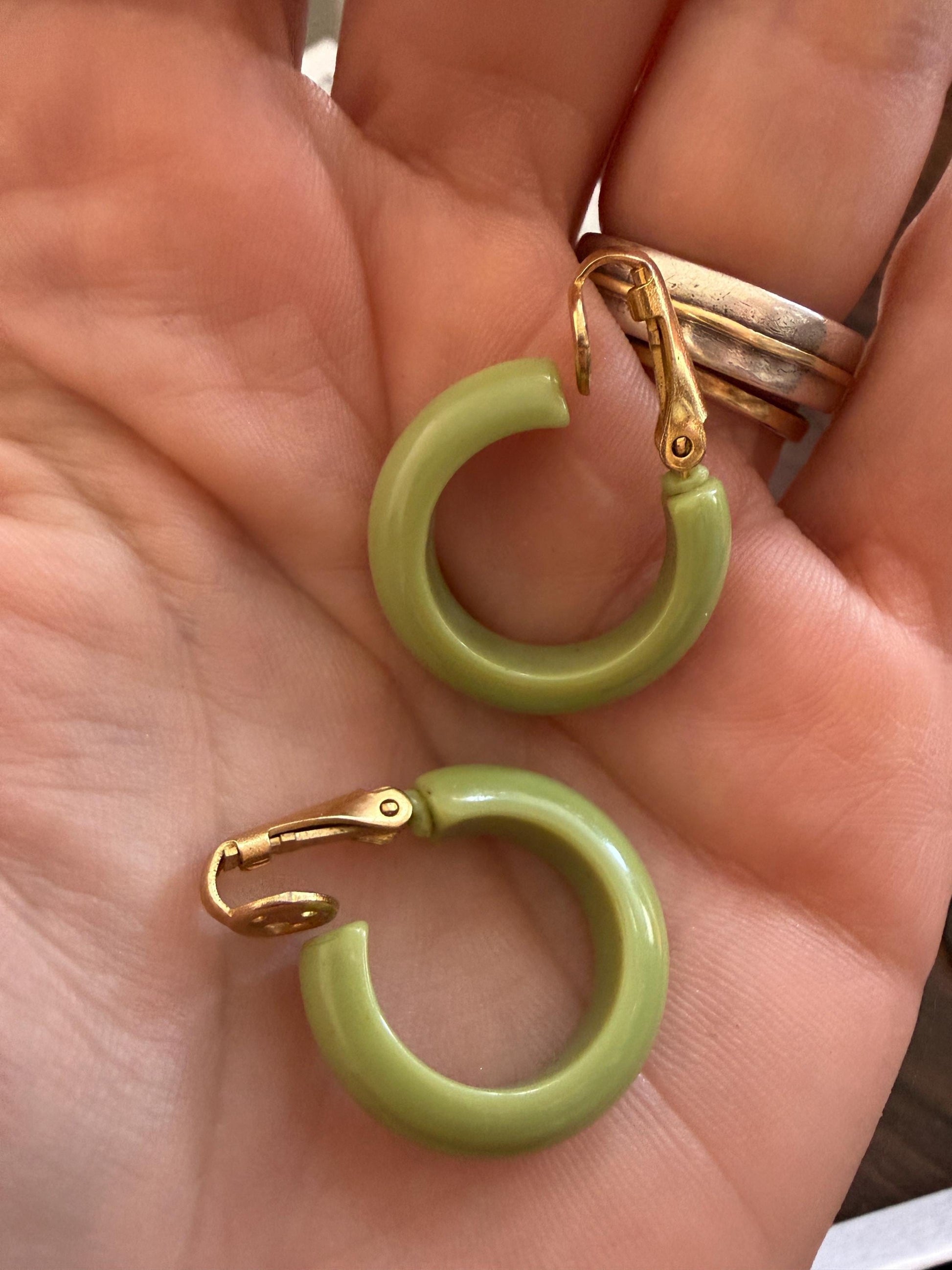 Vintage Lime Green Hoop Earrings, Chunky Clip On Earrings, Retro Plastic Hoops, Mod Costume Jewellery