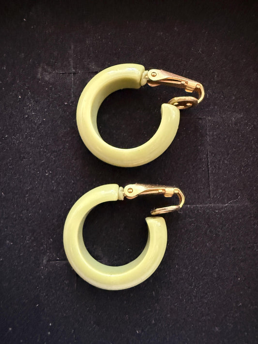 Vintage Lime Green Hoop Earrings, Chunky Clip On Earrings, Retro Plastic Hoops, Mod Costume Jewellery