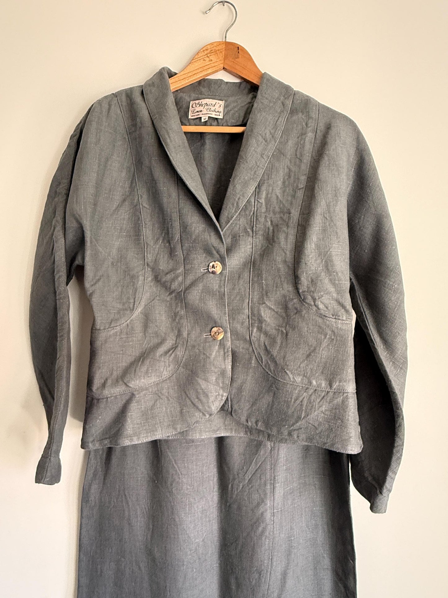 Vintage Linen Skirt Suit UK 10-12 | Shepard's Linen Clothing | 2 Piece Grey Linen Set | Minimalist Jacket & Maxi Skirt | Cottagecore