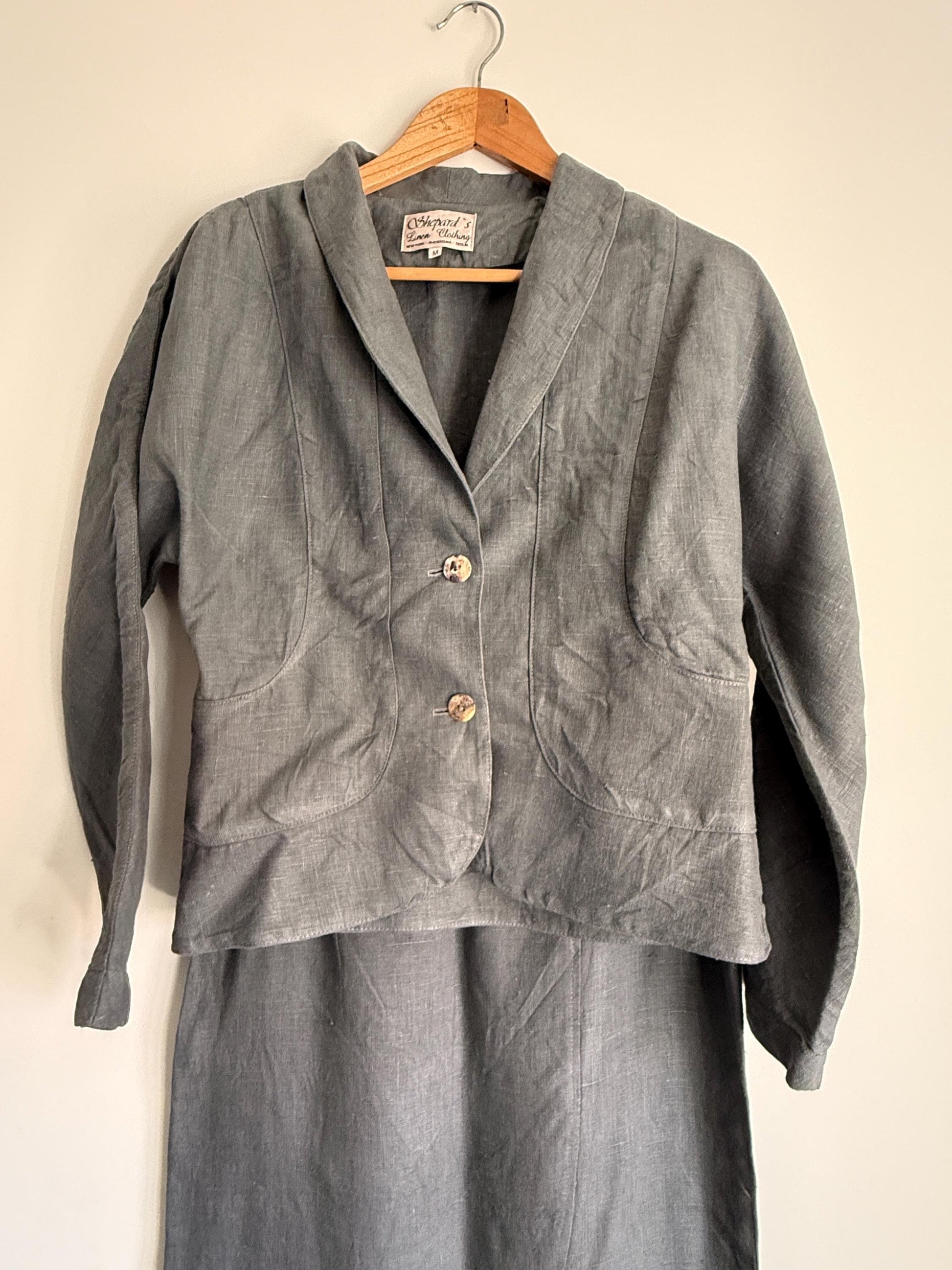 Vintage Linen Skirt Suit UK 10-12 | Shepard's Linen Clothing | 2 Piece Grey Linen Set | Minimalist Jacket & Maxi Skirt | Cottagecore