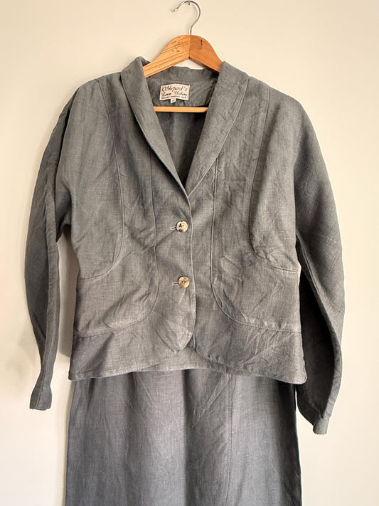 Vintage Linen Skirt Suit UK 10-12 | Shepard's Linen Clothing | 2 Piece Grey Linen Set | Minimalist Jacket & Maxi Skirt | Cottagecore