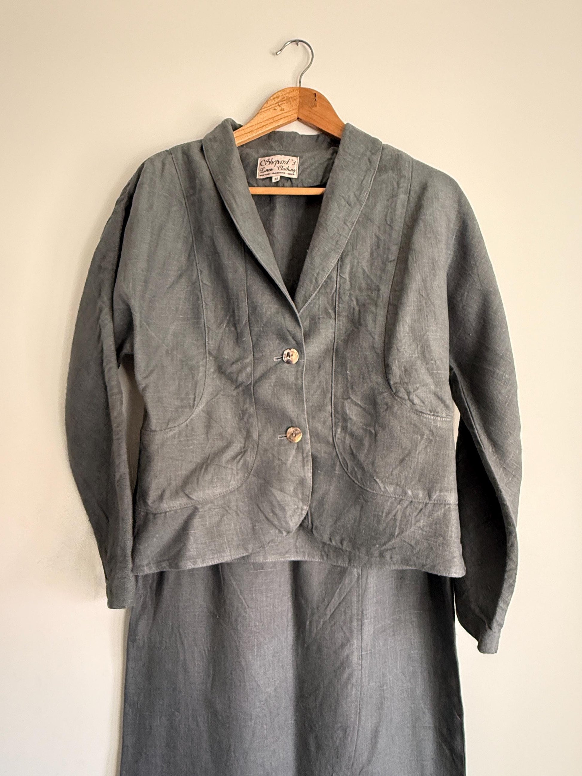 Vintage Linen Skirt Suit UK 10-12 | Shepard's Linen Clothing | 2 Piece Grey Linen Set | Minimalist Jacket & Maxi Skirt | Cottagecore
